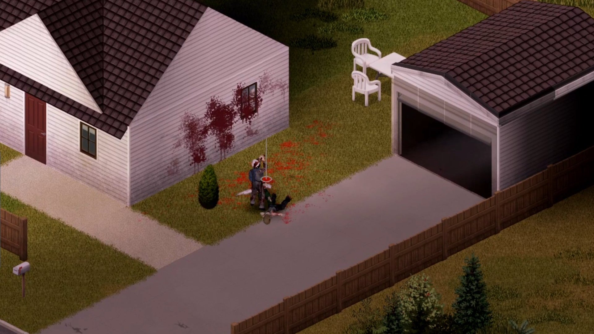 Project Zomboid character wearing police armour fighting zombies with an axe