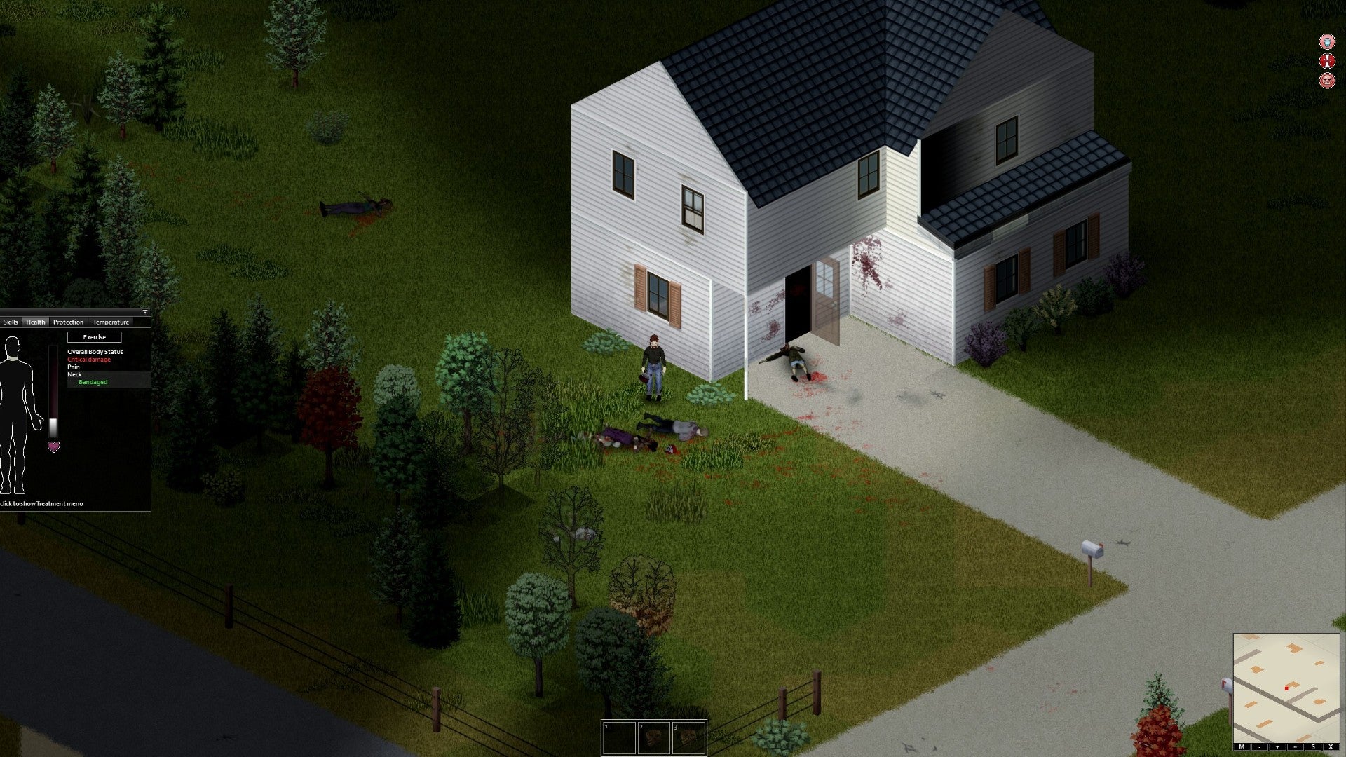 Project Zomboid player surrounded by zombie corpses. Player's leg is fractured after jumping out of a high window to escape a horde