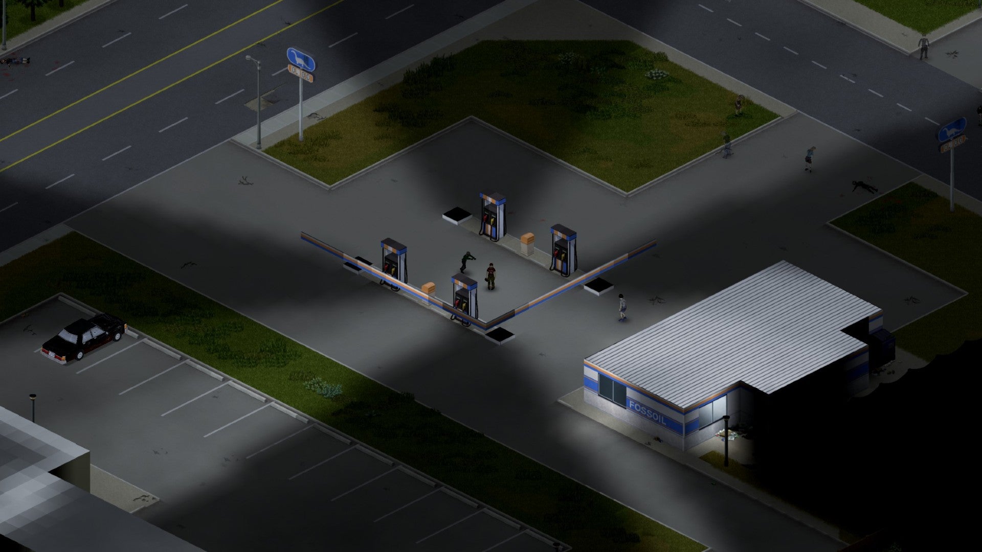 Project Zomboid player standing near a gas station with lots of zombies approaching