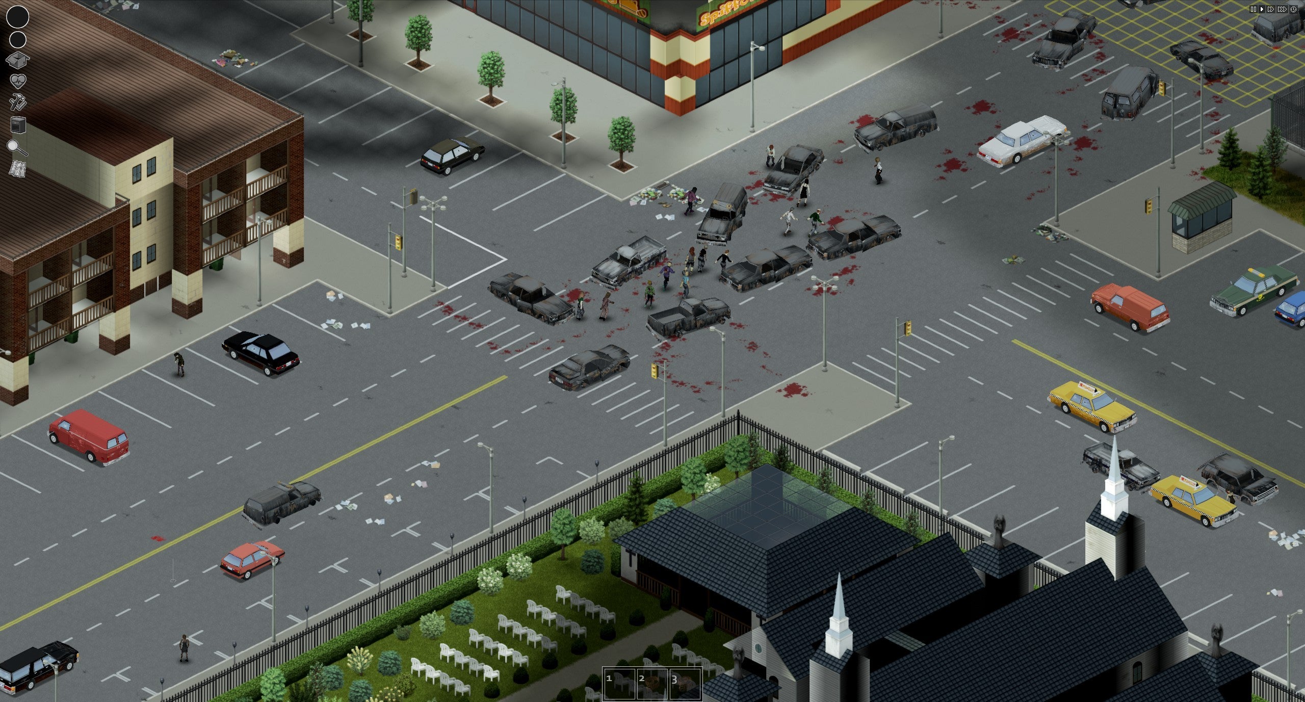 Zombies swarm a bloody intersection in the Raven mod in Project Zomboid