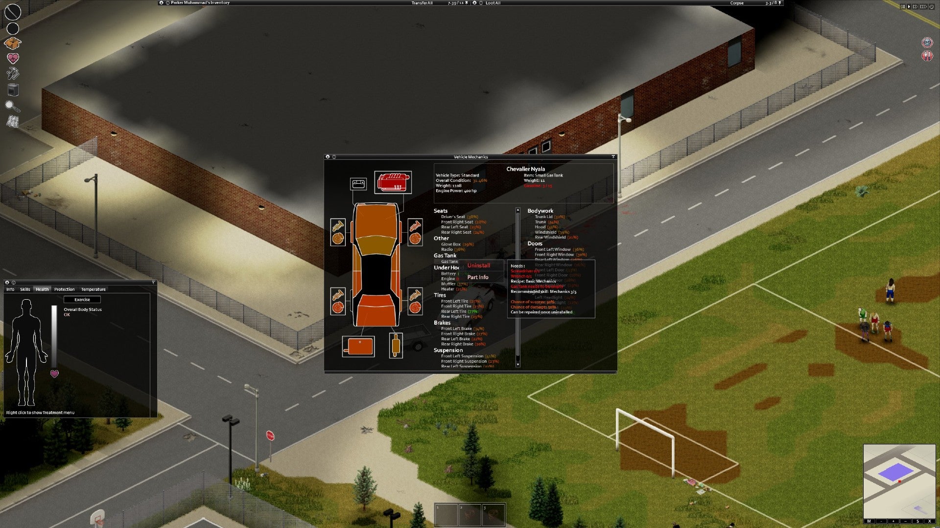 Project Zomboid player interacts with a car to repair it, showing the mechanic menu. Most parts are red, showing that they are damaged