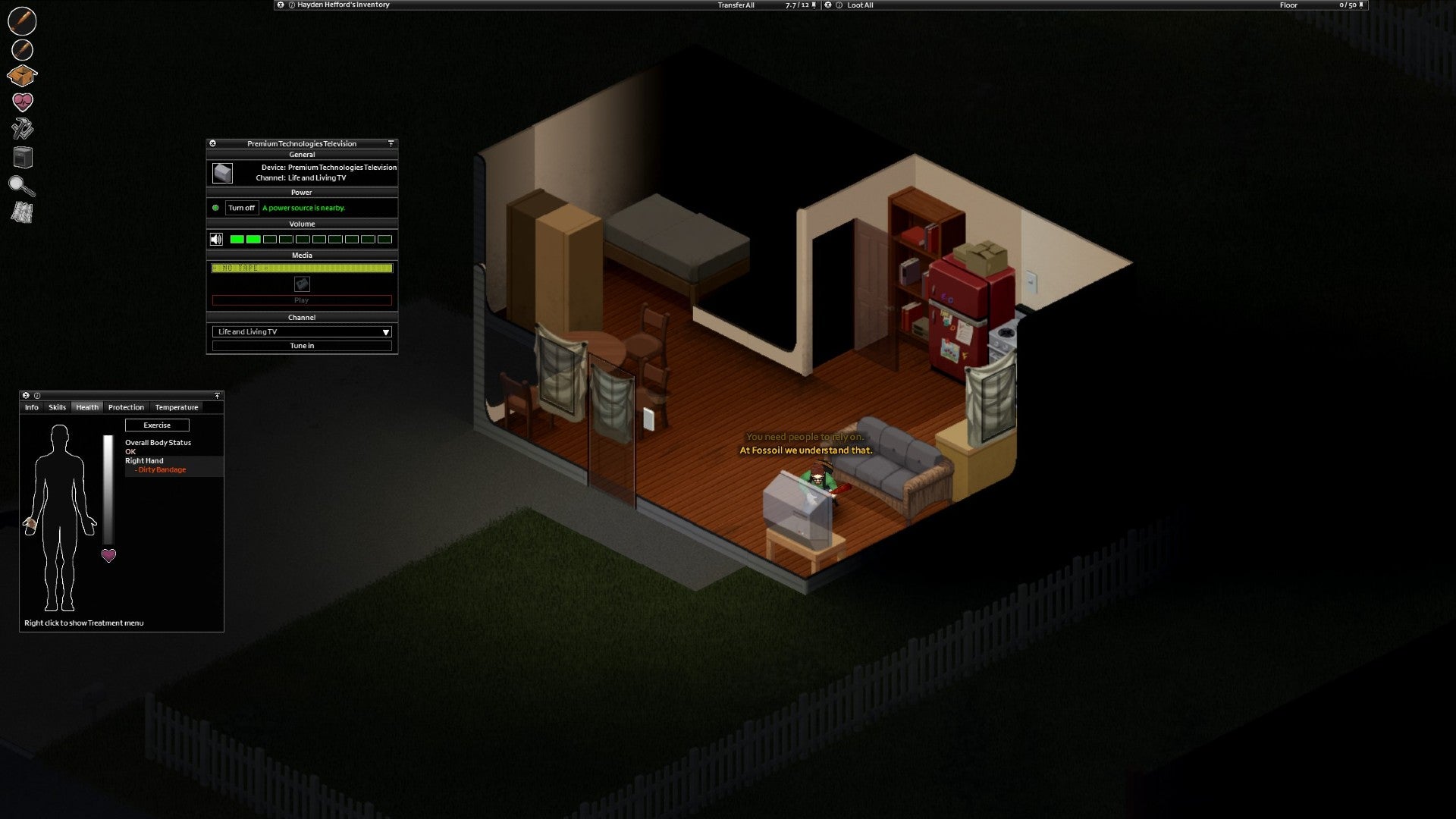 Project Zomboid player watching TV in a house, text displayed above the TV shows it is a carpentry show. The house is clearly a hideout and has sheets across all windows and doors