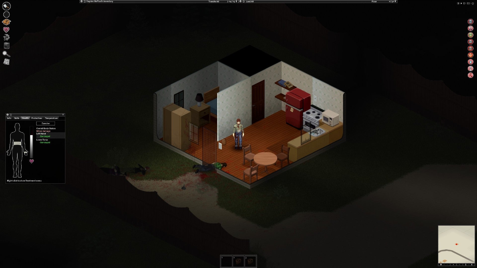 Project Zomboid player stands in a building covered in blood. He has several lacerations and zombie scratches. The moodlets indicate he is becoming a zombie, as he is nauseous but no infection is listed.