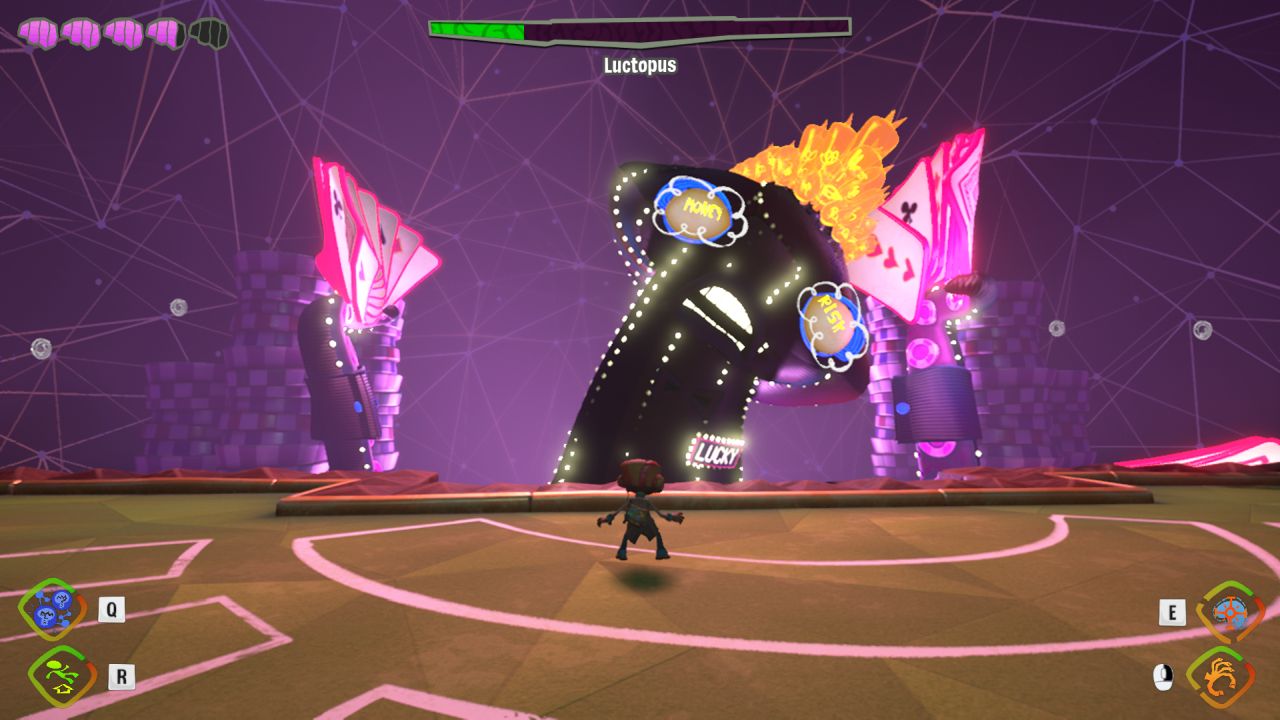 The Luktopus boss fight in Psychonauts 2, a giant octopus covered in bright neon lights, holding a hand of cards in two tentacles on either side.