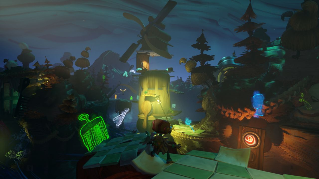 The landscape in Psychonauts 2, a small town with buildings made of braided hair or tied together.