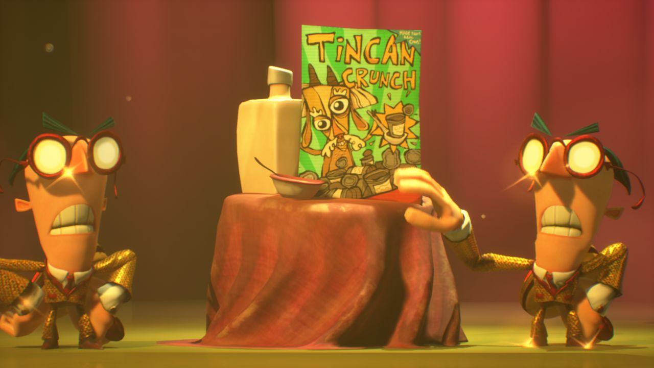 Dois dos inimigos do Censor em Psychonauts 2 aparecendo como se fossem assistentes em um game show (em ternos dourados brilhantes) exibindo um cereal falso chamado Tincan Crunch
