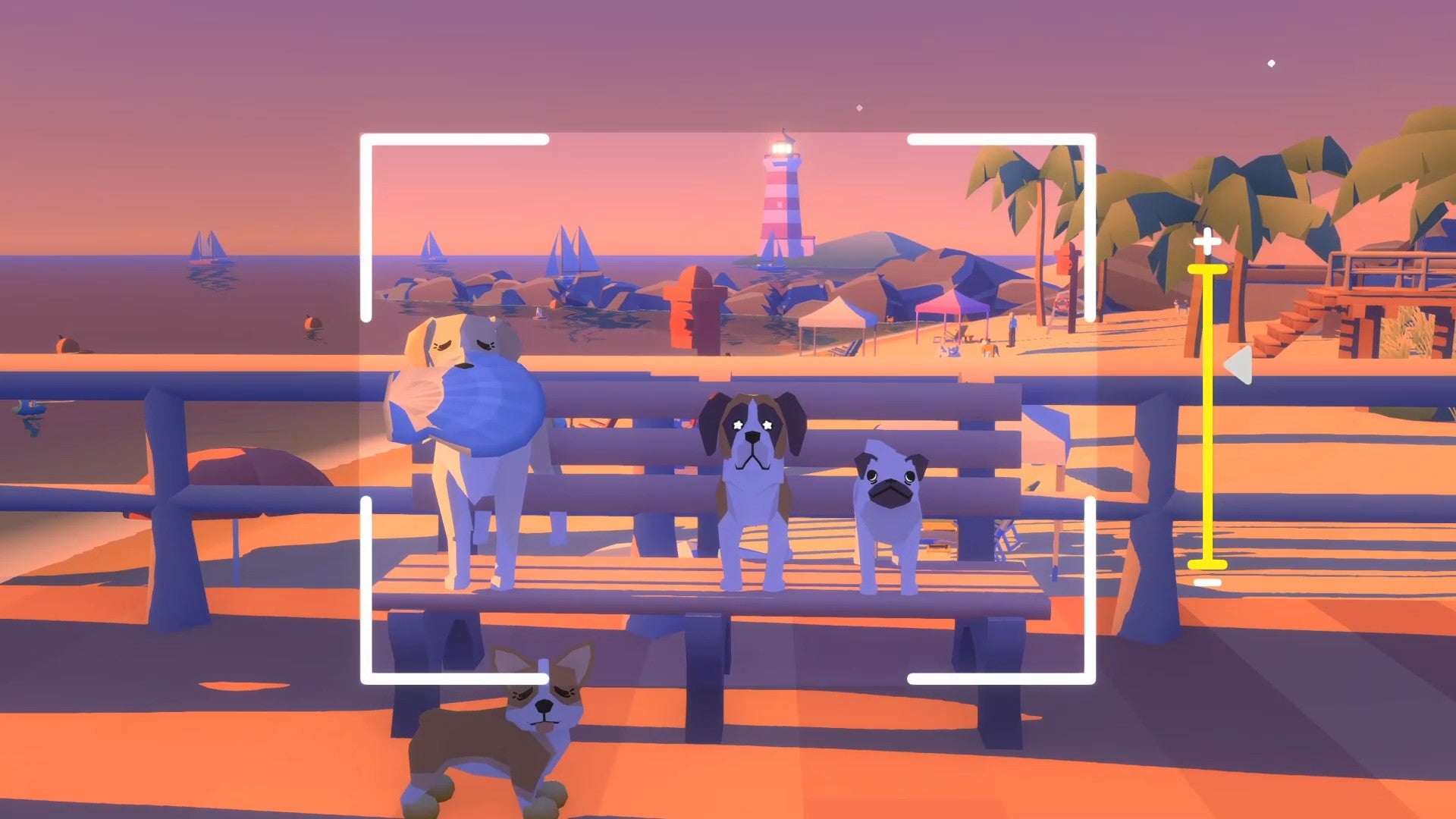 A screenshot of some nice dogs chilling on a bench at sunset in Pupperazzi.