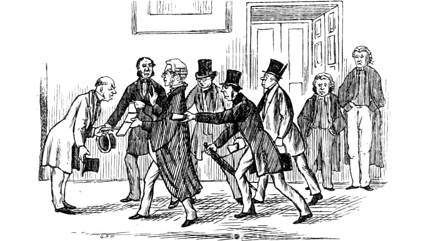 Parliamentary arguments in an illustration from 'Ballads of the Bench and Bar; or, Idle Lays of the Parliament House'.