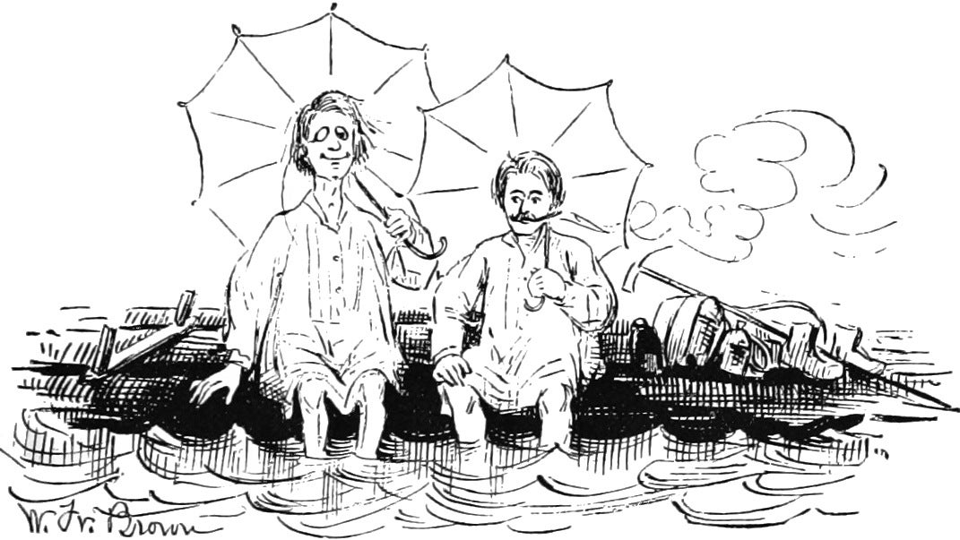 Two men in night shirts with umbrellas sit dangling their legs in water in an illustration from 'A Tramp Abroad'.