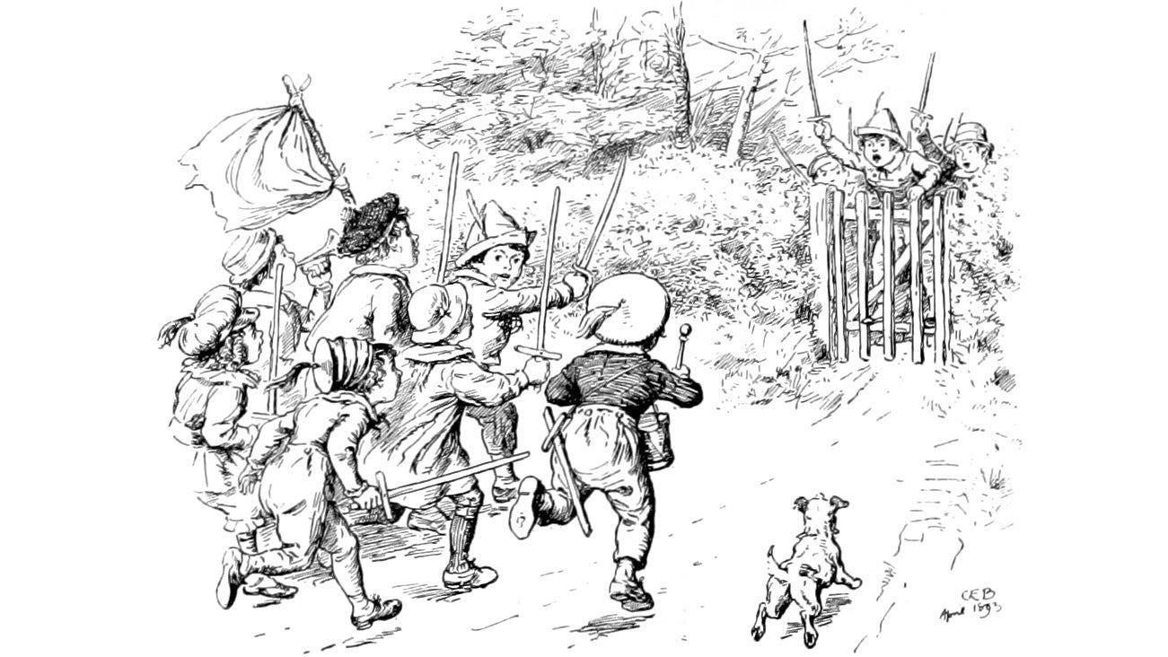 Children battling with toy swords in an illustration from 'Humorous Poems ... With a preface by A. Ainger, and ... illustrations by C. E. Brock. L.P'.