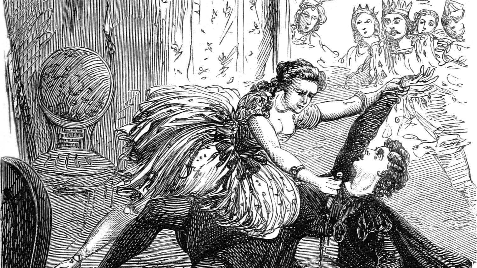 A ballerina stabs a man before assembled shocked royals in an illustration from 'Rose Mortimer; or, the Ballet-Girl's revenge'.