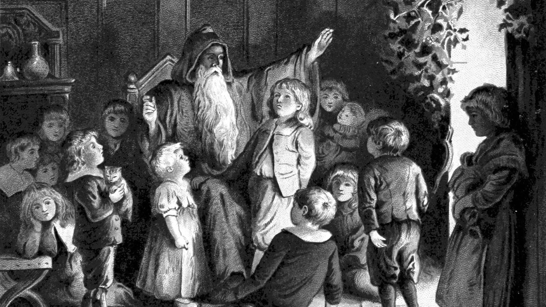 Father Christmas sits telling tales to a horde of children in an illustration from 'The Coming of Father Christmas'.
