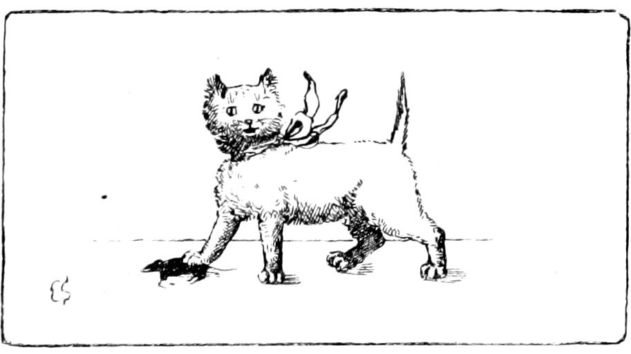A cat with a mouse in an illustration from 'Drawing-Room Plays. Selected and adapted from the French by Lady Adelaide Cadogan.'