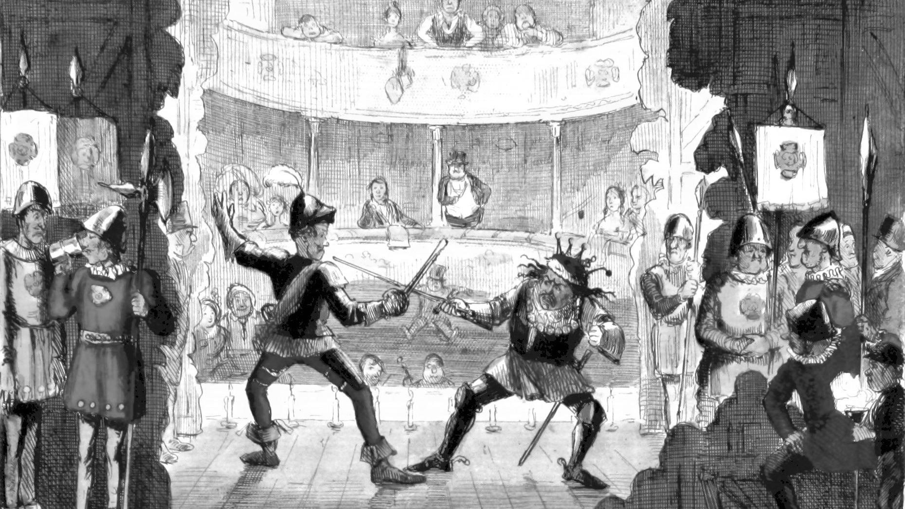 Actors duelling on stage in an illustration from 'The Comic history of England'.