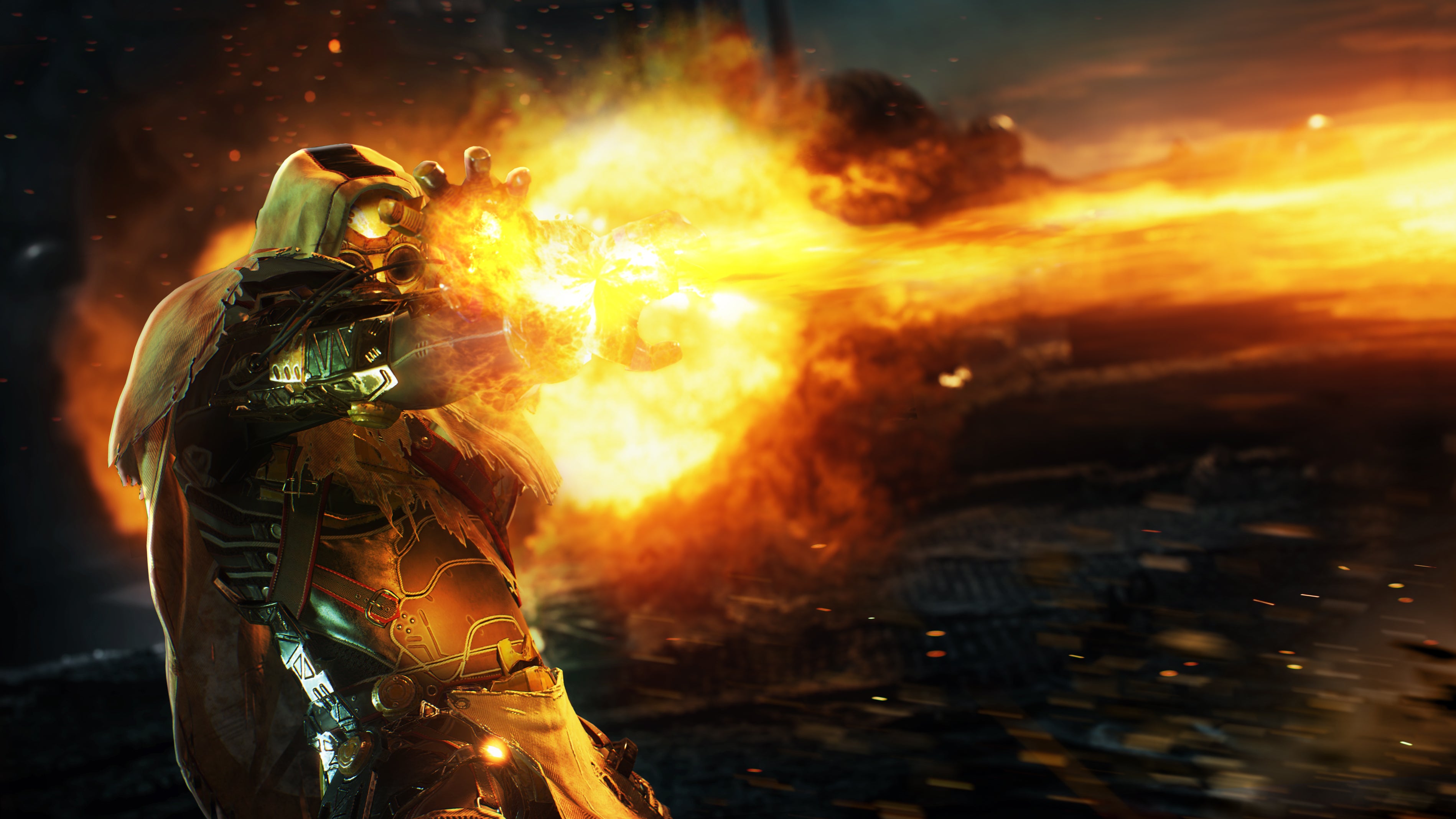 Promotional Outriders art showcasing a Pyromancer unleashing a beam of fiery energy at an enemy offscreen.