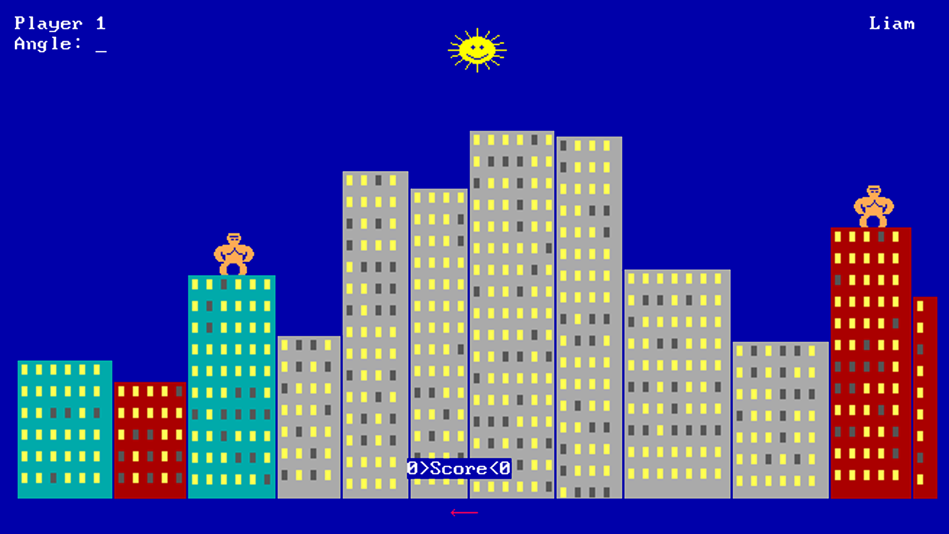 Two gorillas face off against one another in Qbasic Gorillas
