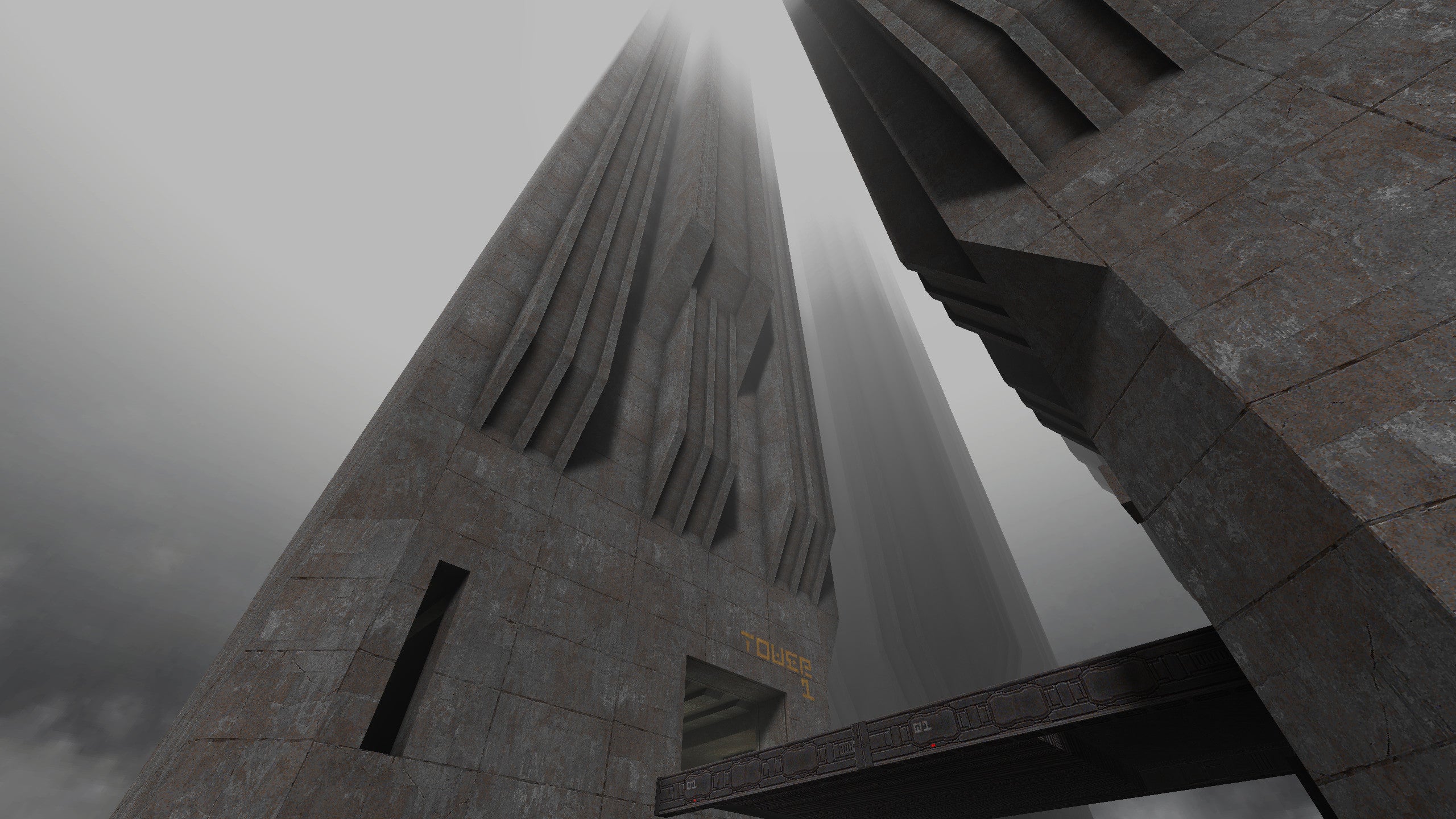 Otherworldly concrete towers in the Quake Brutalist Jam map pack.