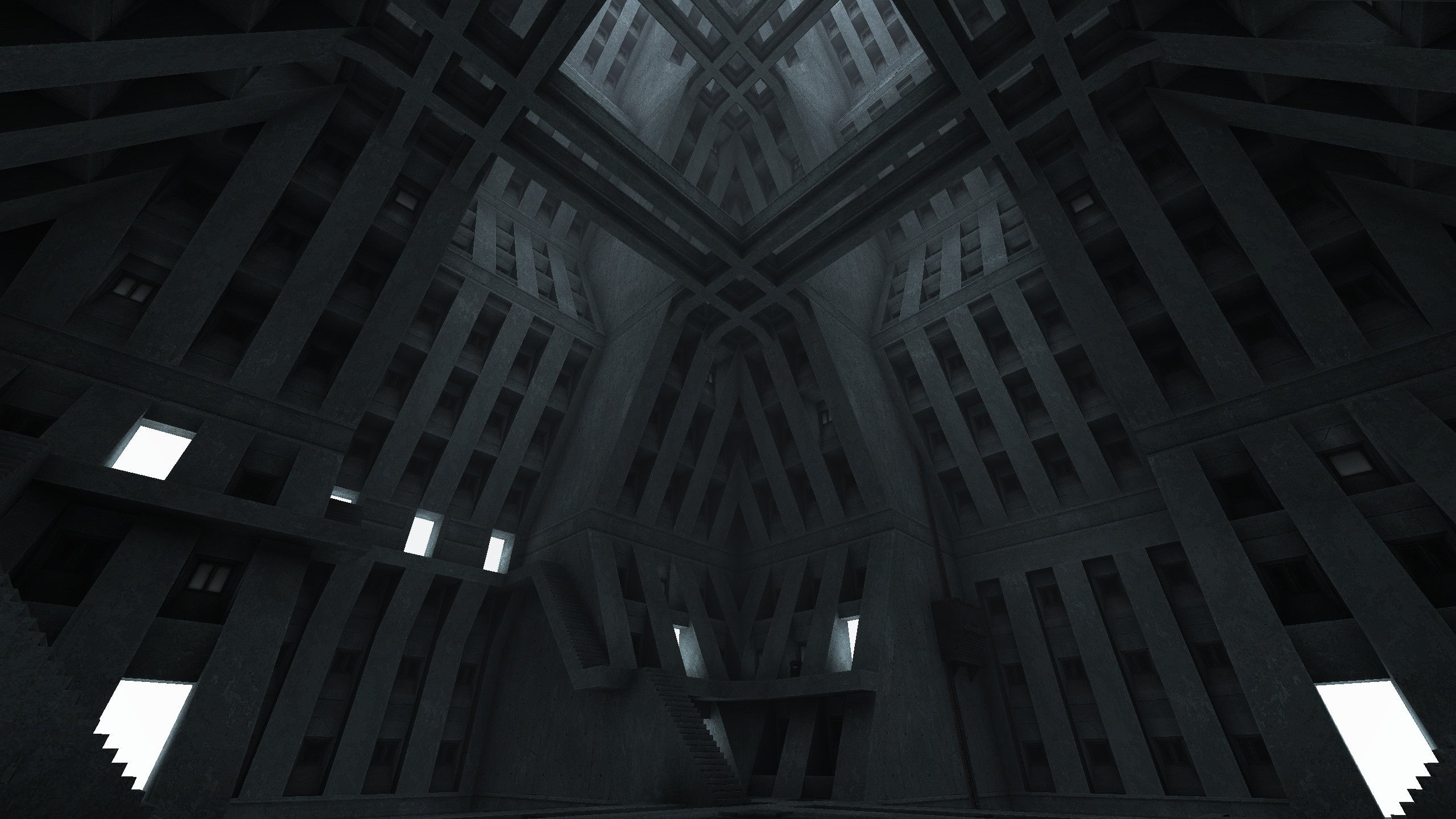 An otherworldly concrete space in the Quake Brutalist Jam map pack.