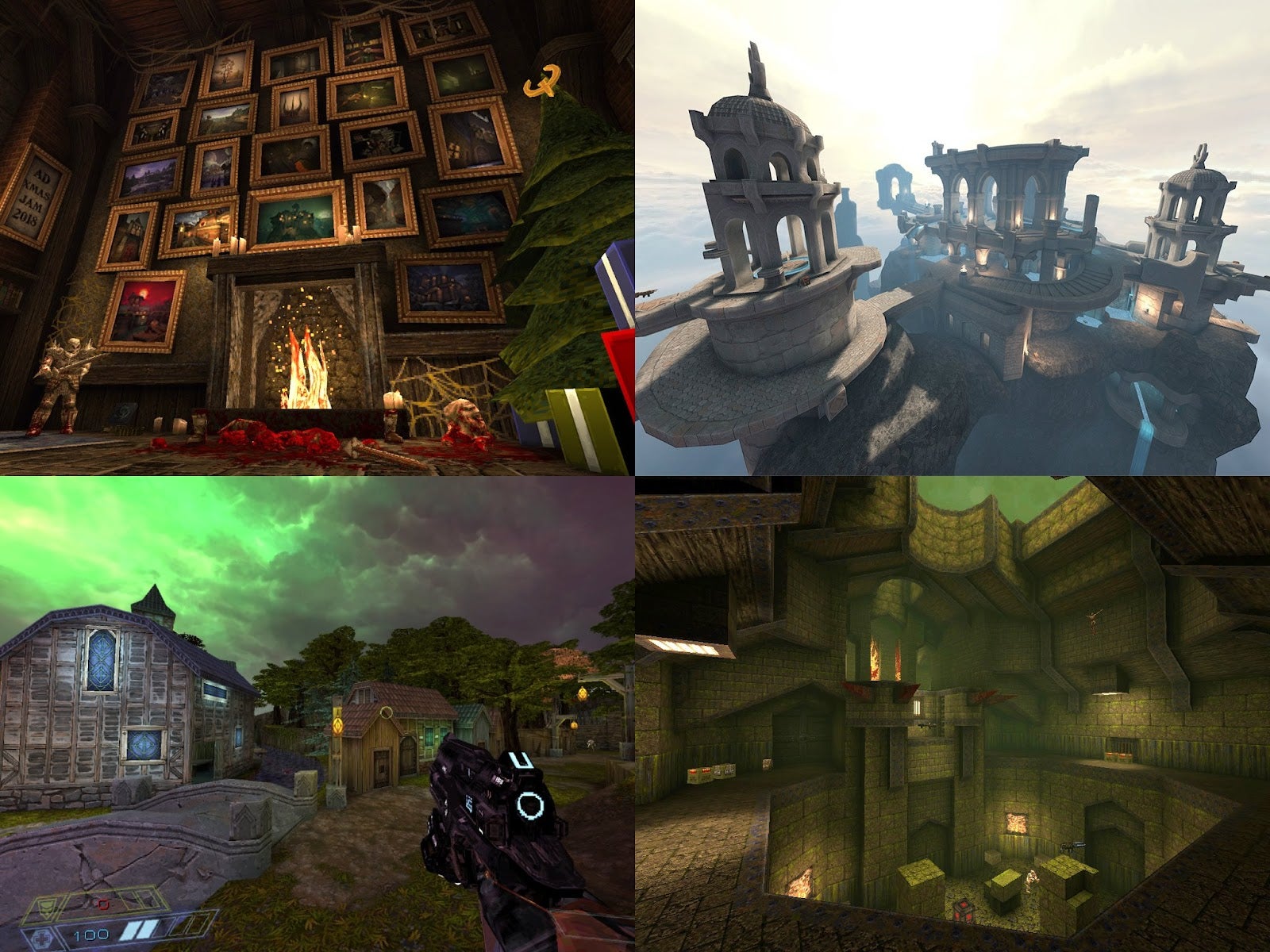 Clockwise from top-left: Quake mods Xmas Jam 2018, Tears of the False God, Underdark Overbright, Slayer's Testaments.
