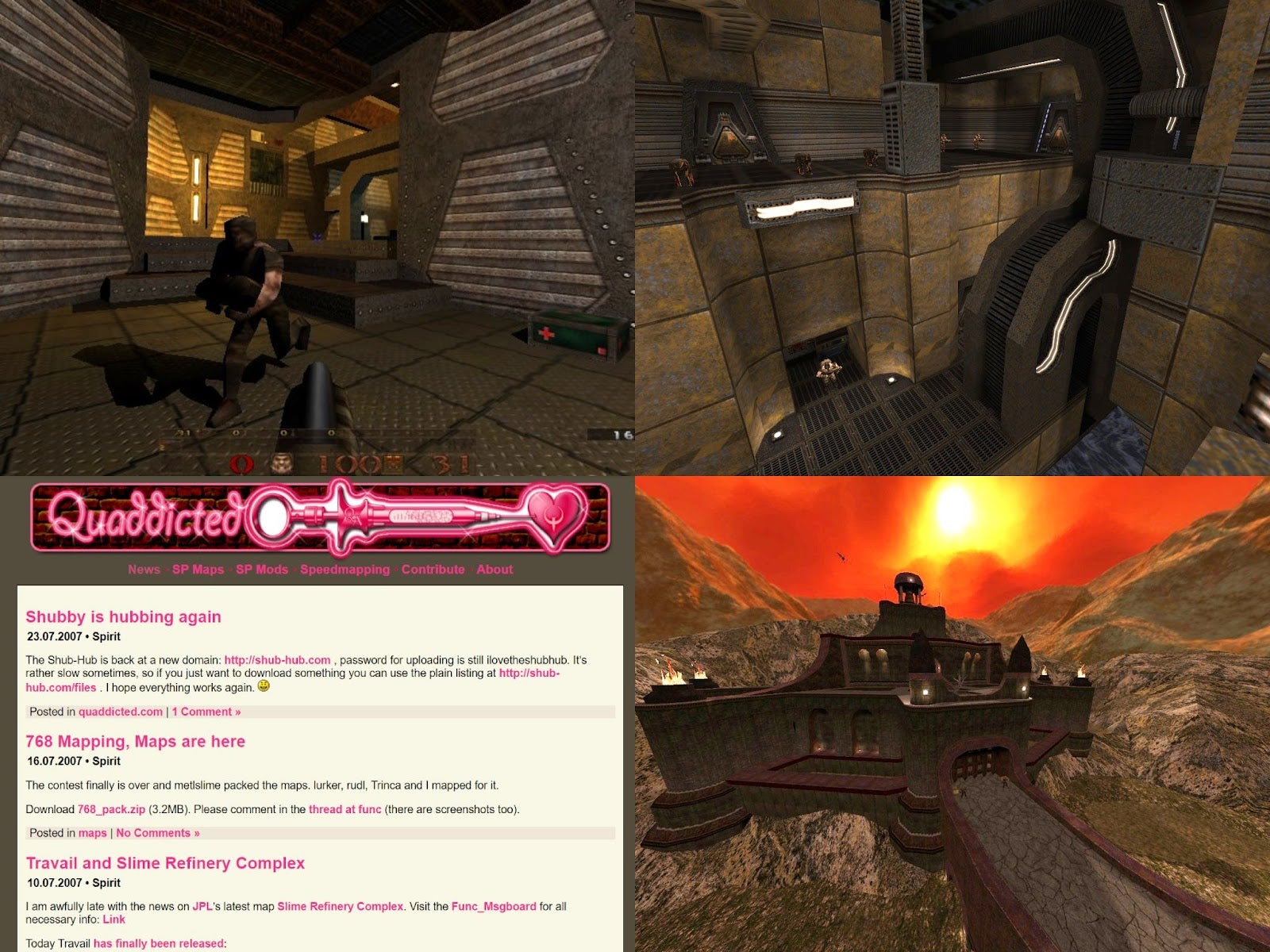 A grid image of Quake mods: DarkPlaces in 2004 with QE1 textures (Quake Revitalization Project), Insomnia, Marcher Fortress, Quaddicted front page in 2007