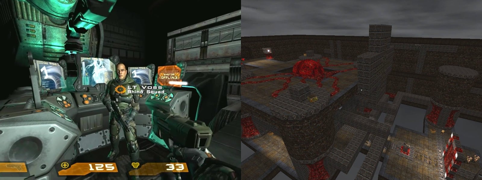 A side by side comparison of Quake 4 (left) and Warp Spasm (right)