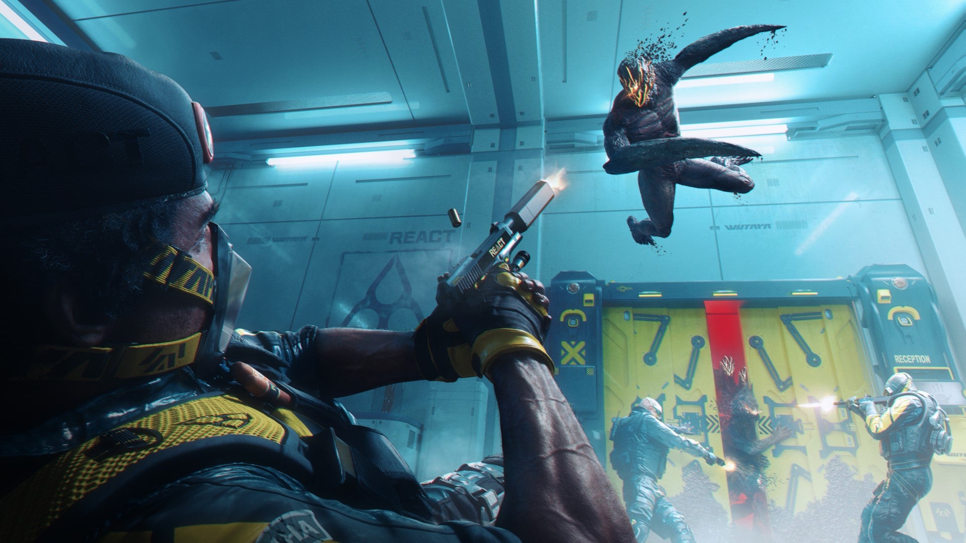 An Operator lies on the floor and aims a pistol at a leaping alien in Rainbow Six Extraction's limited-time mode Spillover.