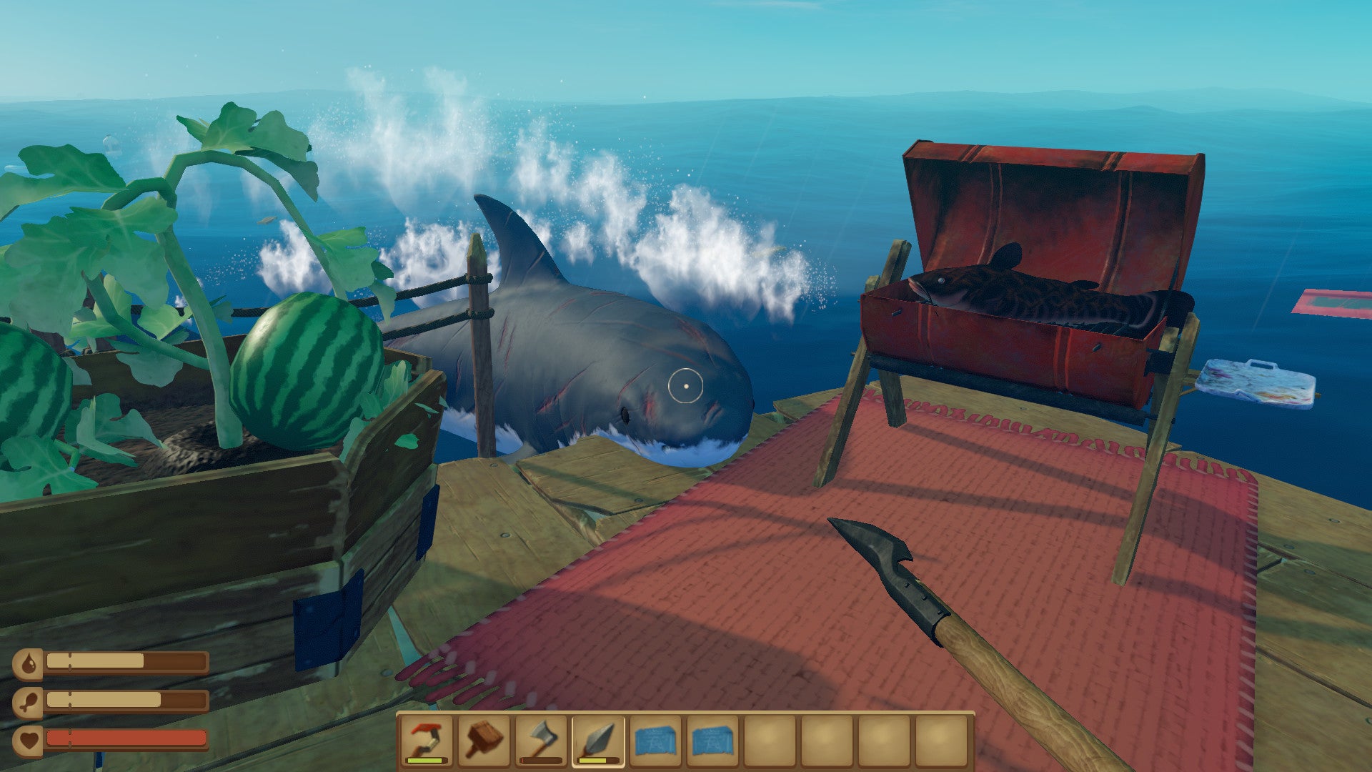 A shark chomps on boards in a Raft screenshot.