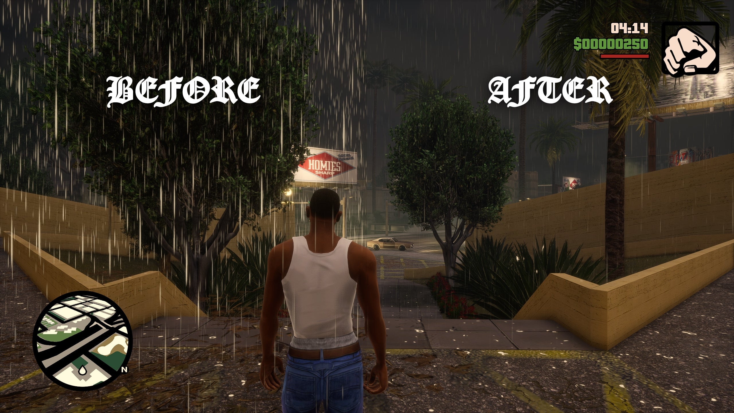 A rain comparison from "GTATrilogyMods" who's made a mod to fix the Definitive Edition's thick rain. Left shows the bad rain, right shows the modded, more transparent rain.