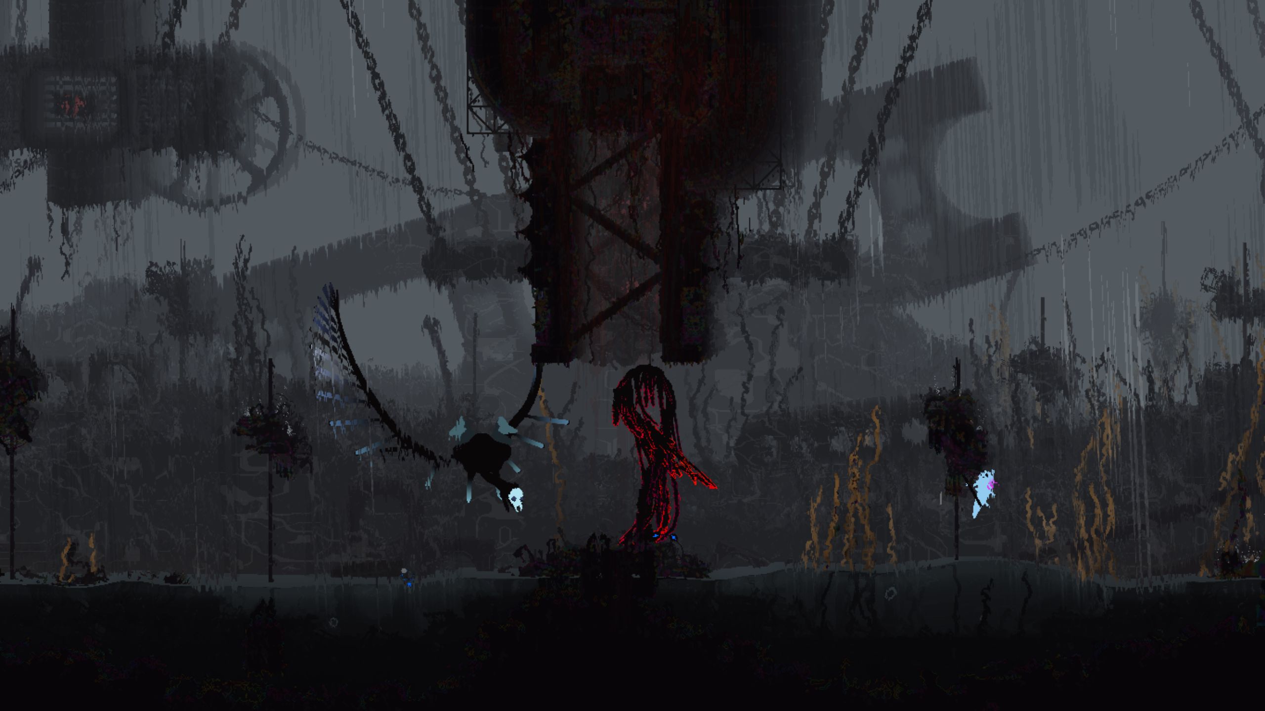A pale blue slug cat creature (the player character in Rain World Downpour) hides on the right side of a rainy, gray, post-apocalyptic landscape, as a strange winged creature with a skull-like face divebombs the left side