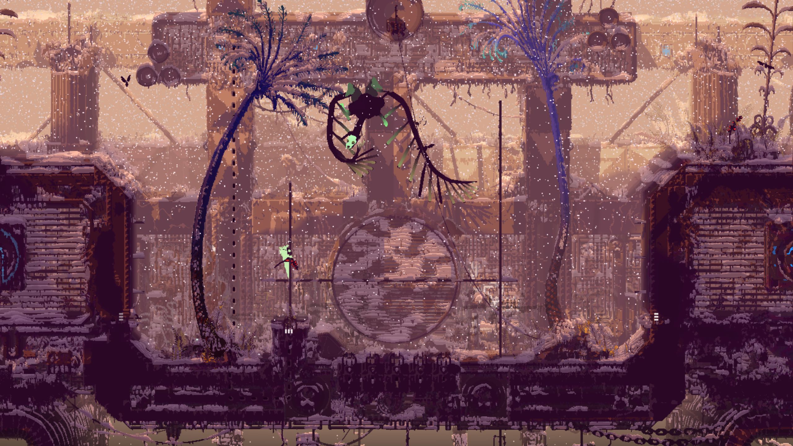 A snowy scene in Rain World Downpour, in what looks like an area of a disused industrial factory. The player character, a pale green slug cat, climbs a pole towards a menacing bird-like creature with fringe-like wings. The scene is framed by a tall, thin, blue palm tree on either side