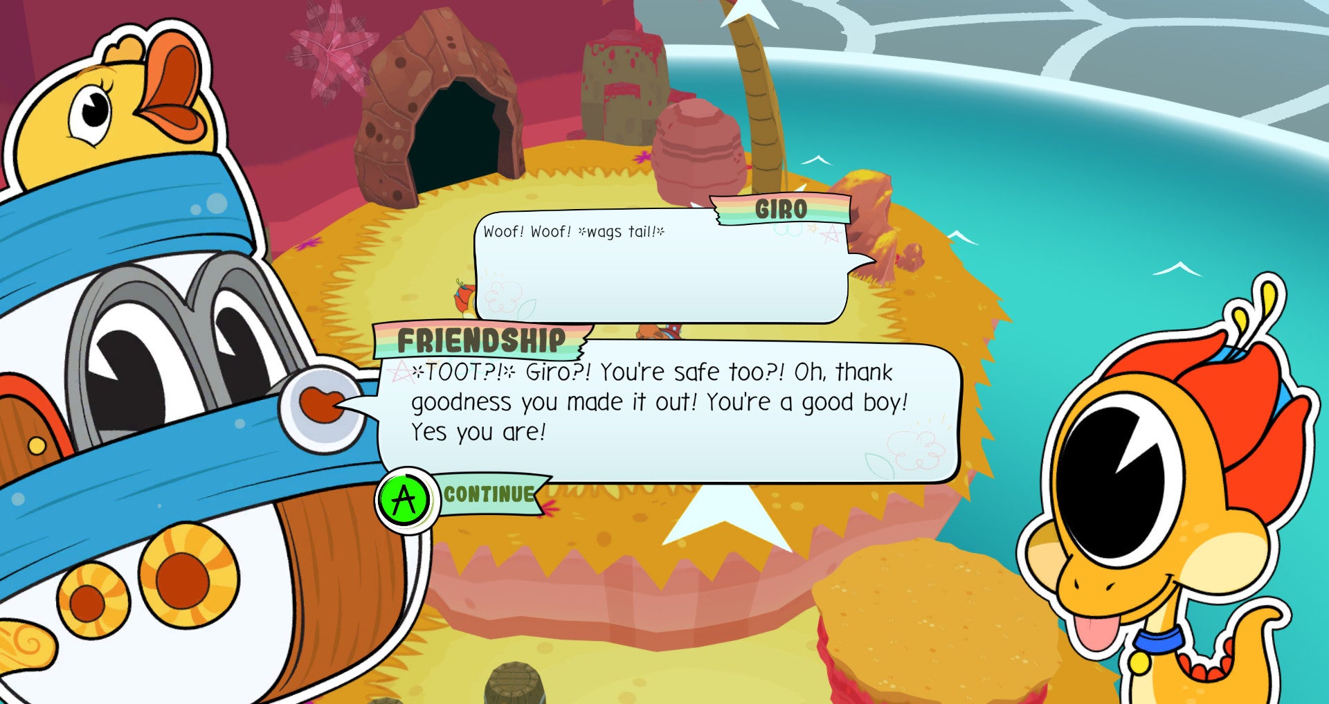 A screenshot from Rainbow Billy showing a colourful boat (with eyes) called Friendship, talking to a dog-lizard creature