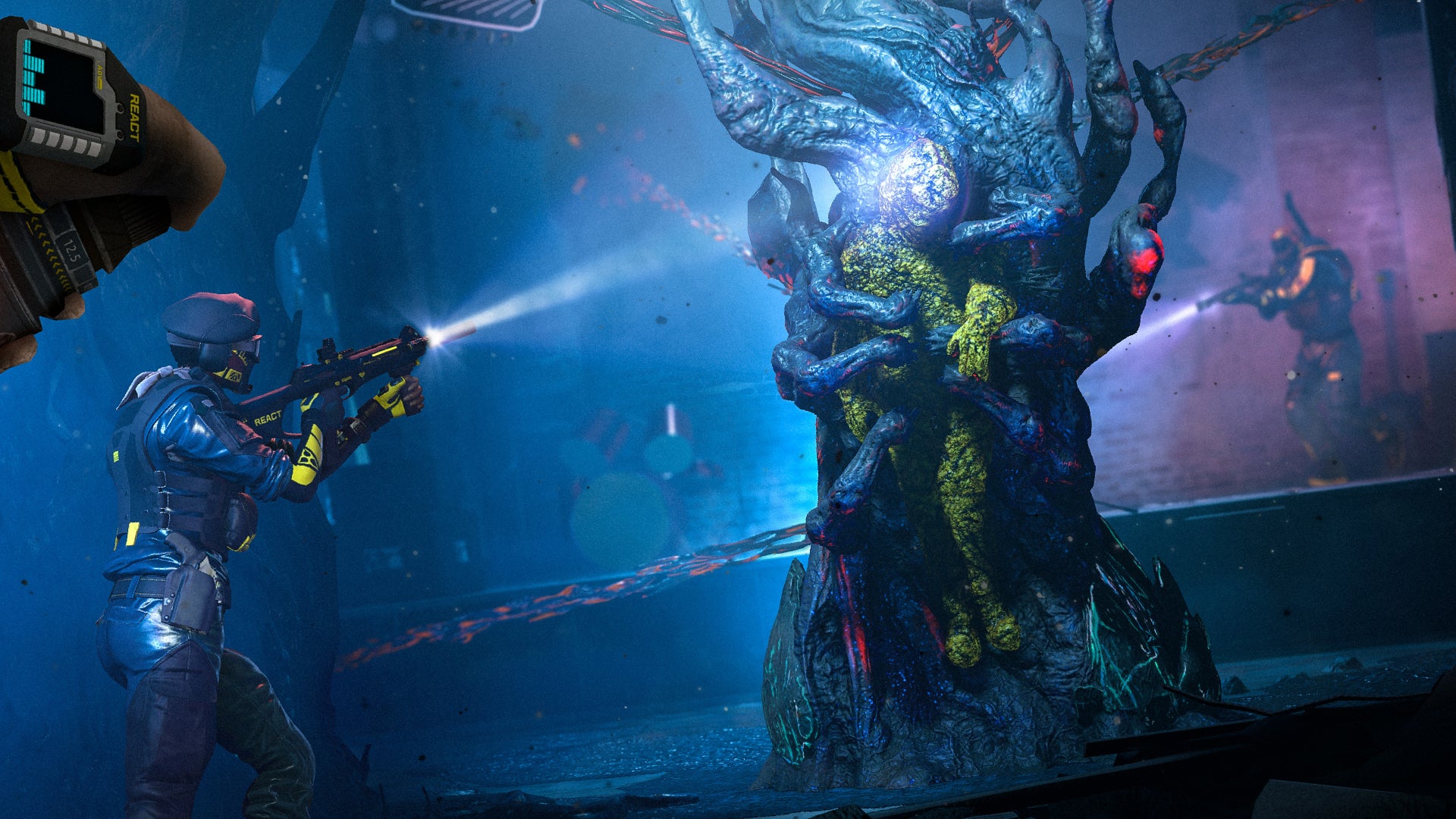 Promotional art for Rainbow Six Extraction depicting a team of Operators approaching an Archaean Tree that is holding an MIA Operator captive.