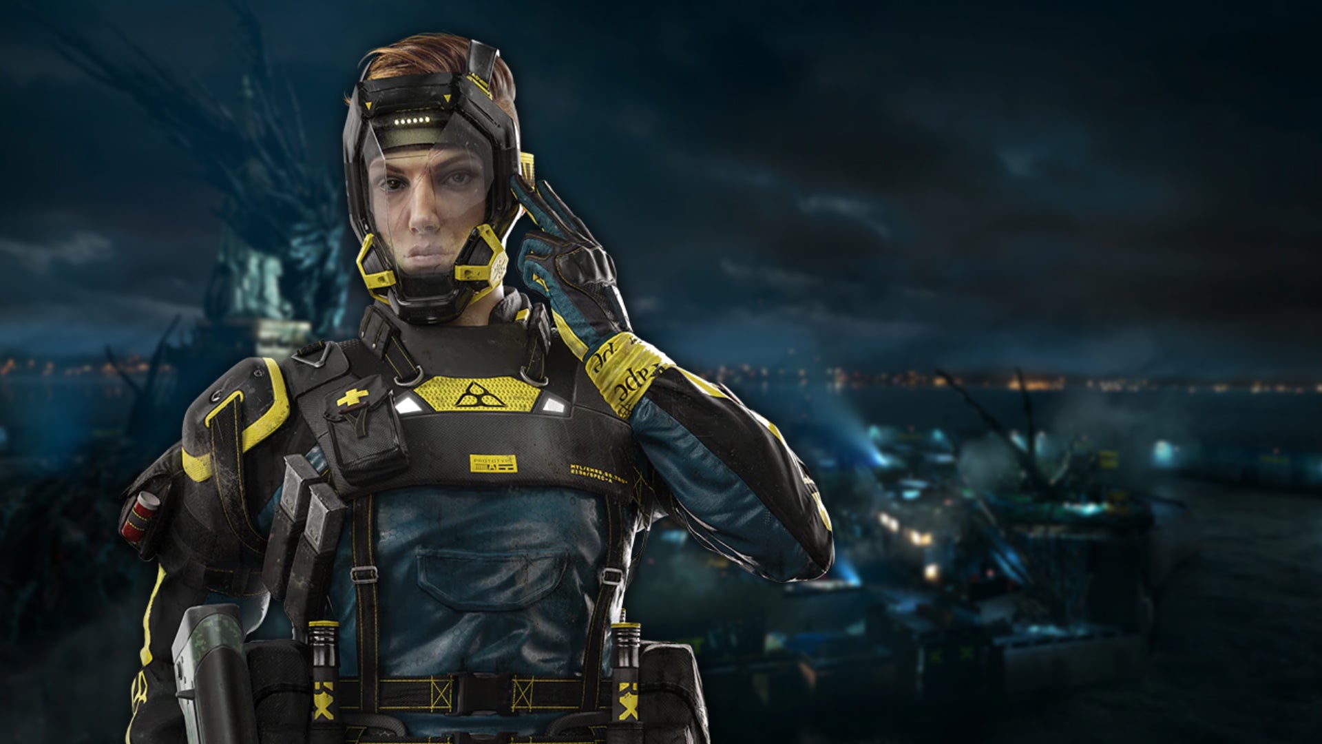 Promotional art of Finka, one of the playable Operators in Rainbow Six Extraction, superimposed on a backdrop of a ruined Liberty Island.