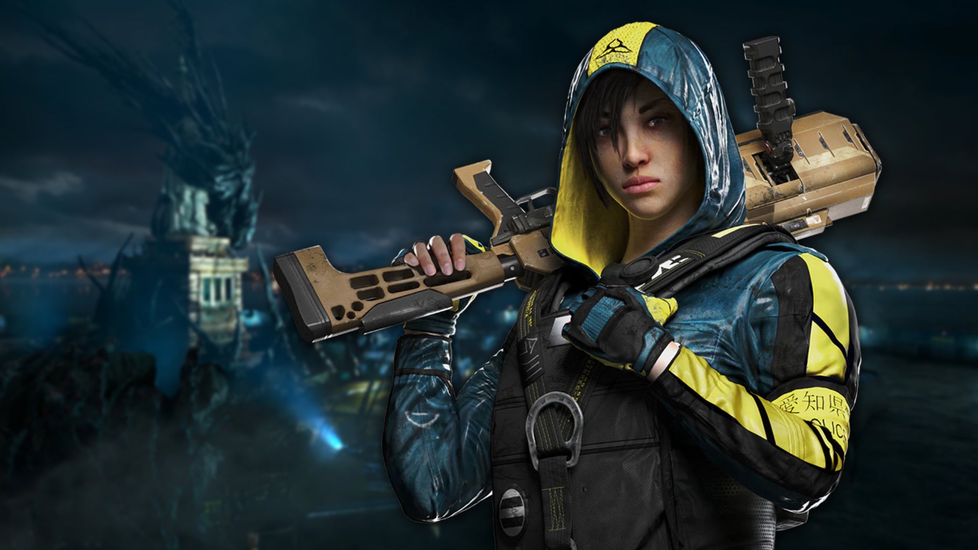 Promotional art of Hibana, one of the playable Operators in Rainbow Six Extraction, superimposed on a backdrop of a ruined Liberty Island.
