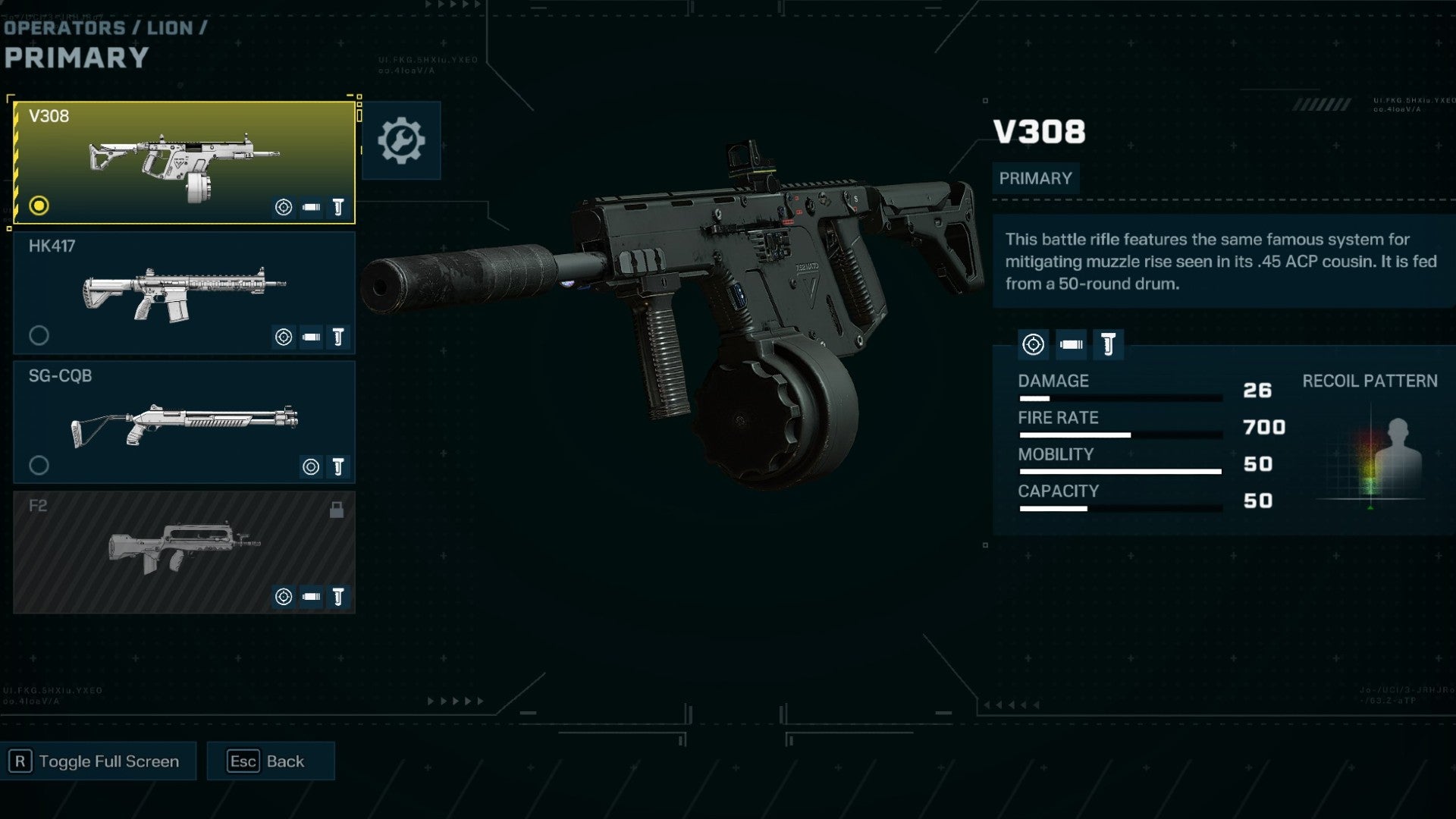 Rainbow Six Extraction V308 Assault Rifle in the loadout menu