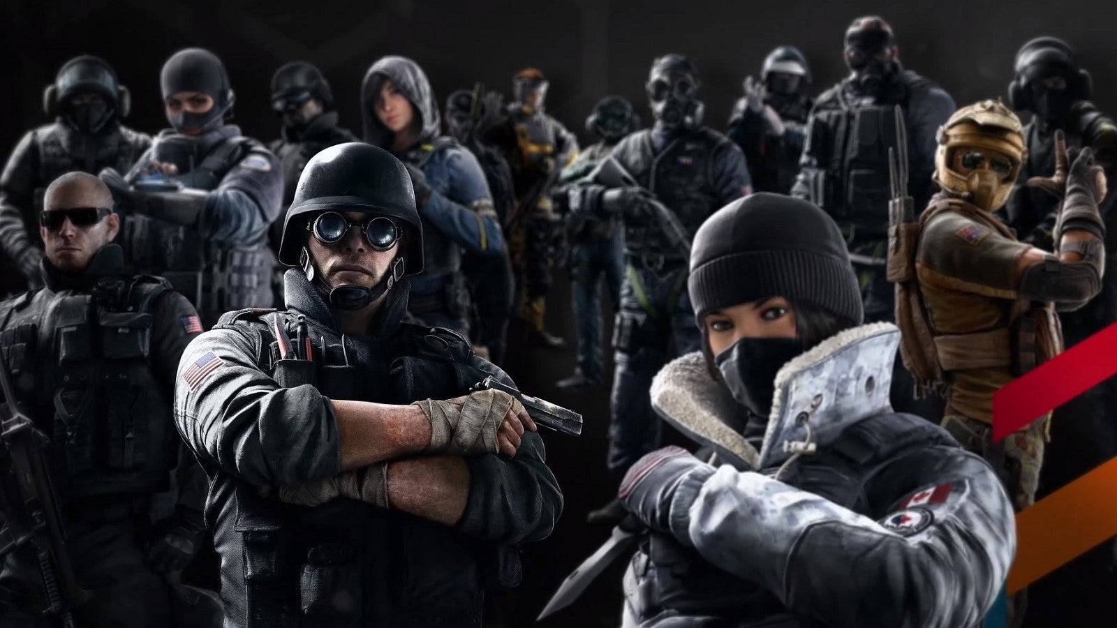 Several operators from Rainbow Six Siege stare dramatically at the camera.