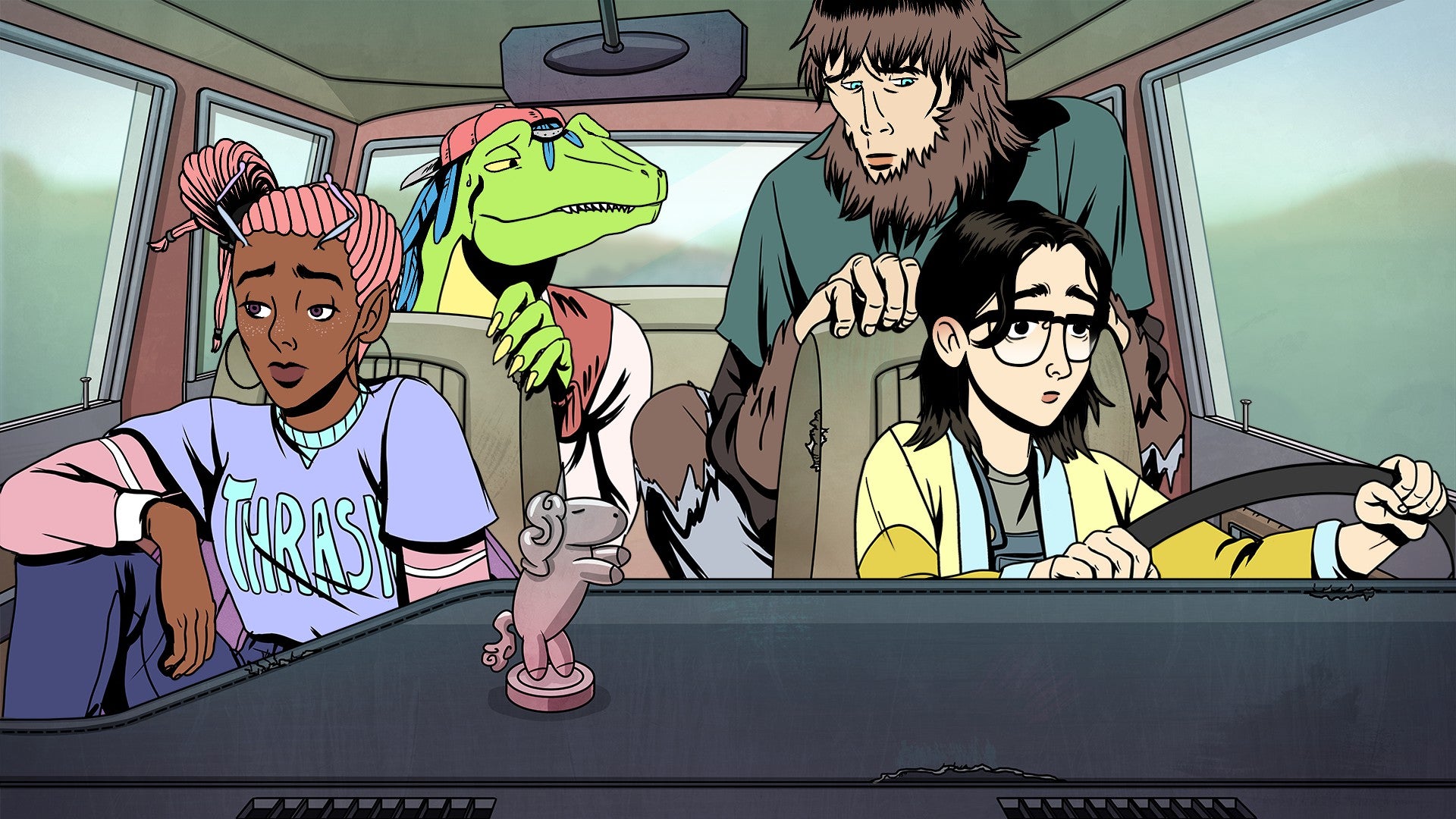 A group of friends in a car being in Raptor Boyfriend. The driver is the player character, a normal human. The front passenger seat is a Black woman with pink hair and dragonfly-ish wings, and in the back is a raptor in a backwards baseball cap and a wolfman