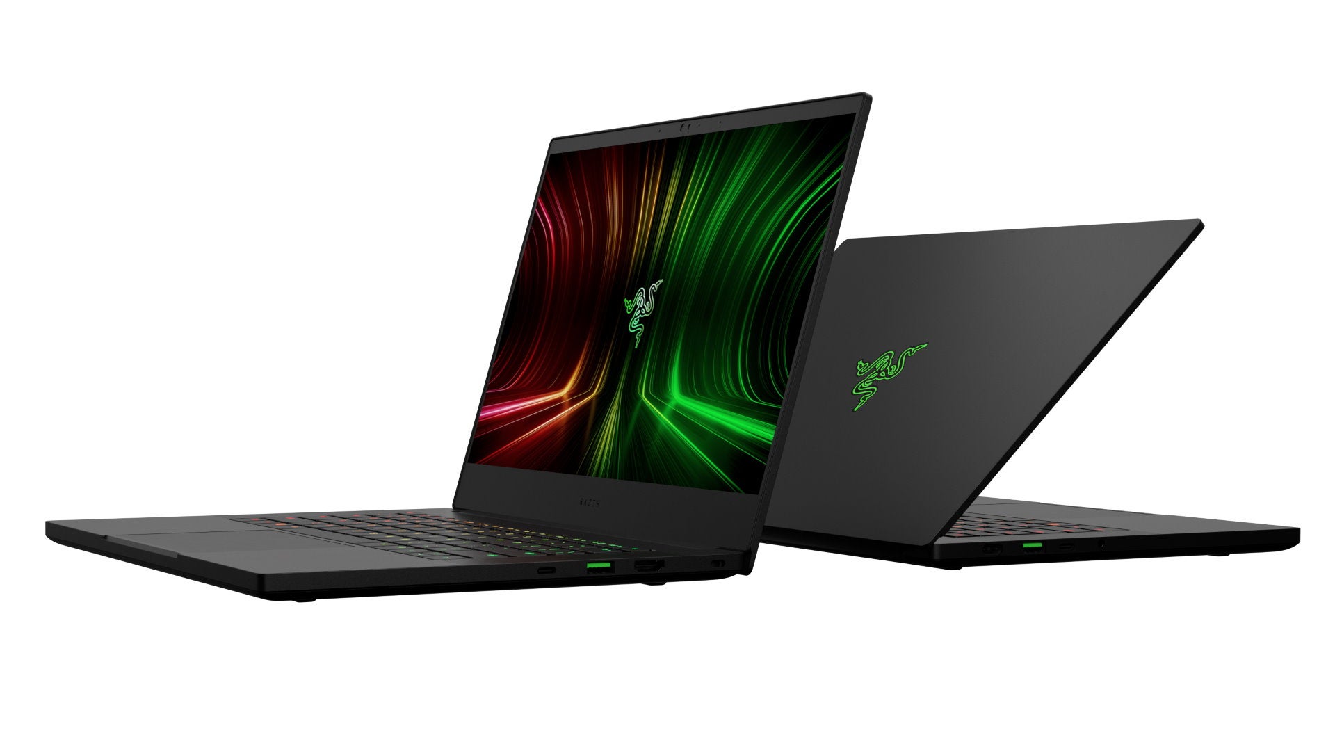 A render of Razer's Blade 14 gaming laptop from the front and back