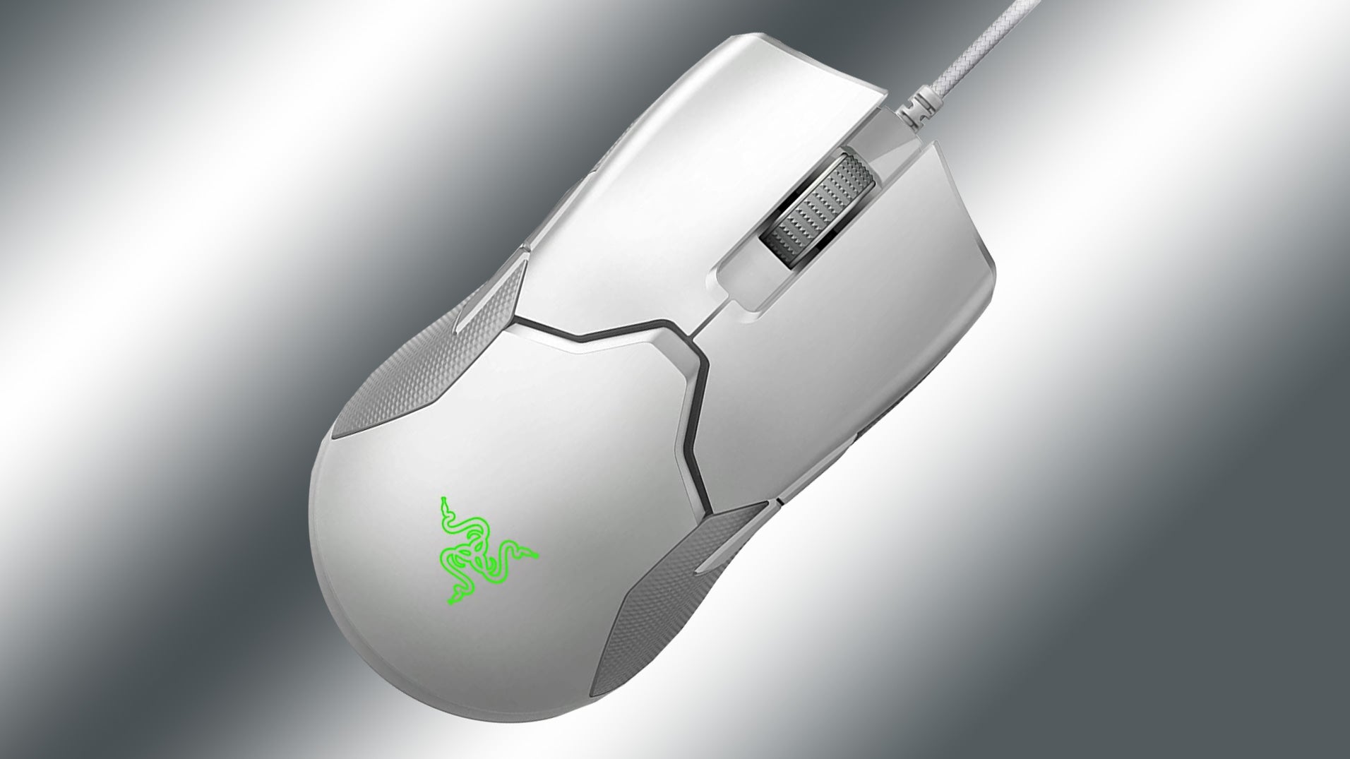 a photo of a razer viper in mercury white, showing the ambidextrous design, side grips and glowing green logo