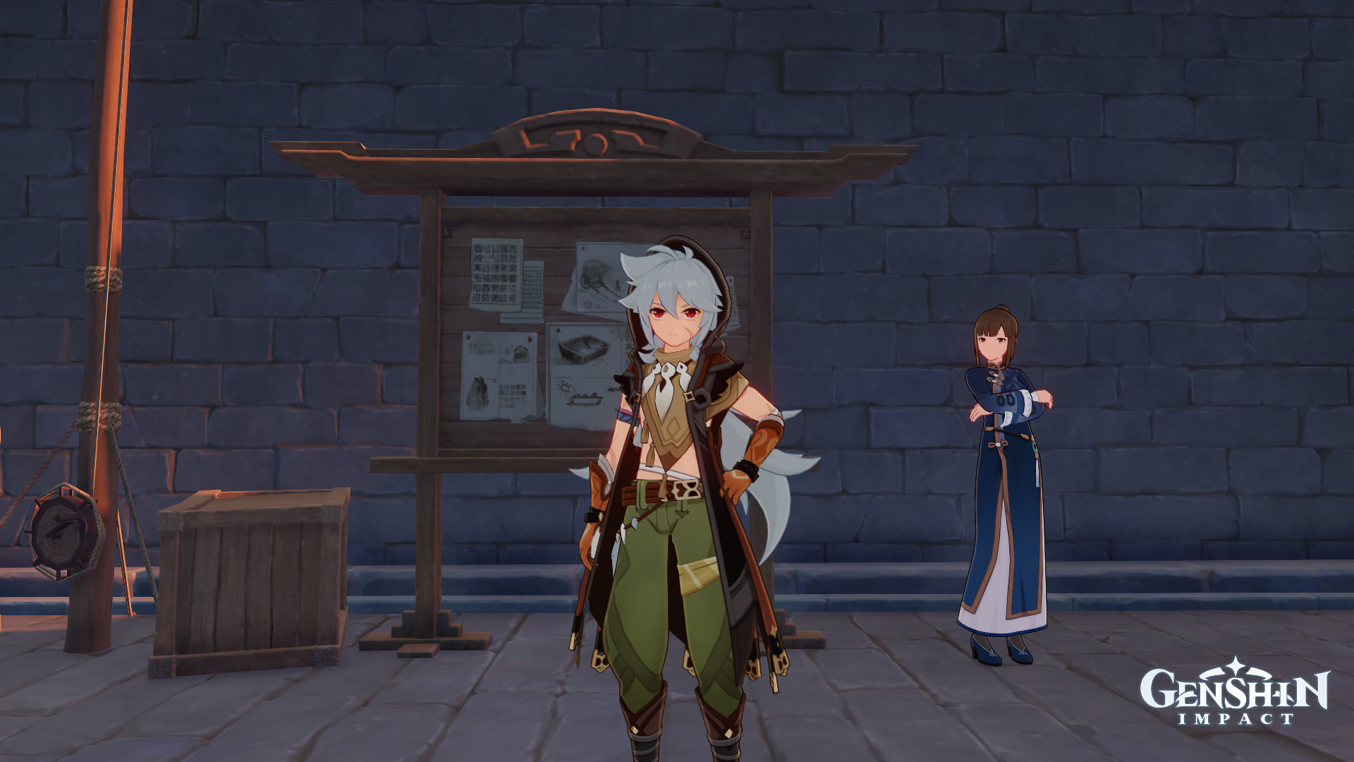 Razor standing in front of Liyue's Reputation Board and Ms. Yu in Genshin Impact.