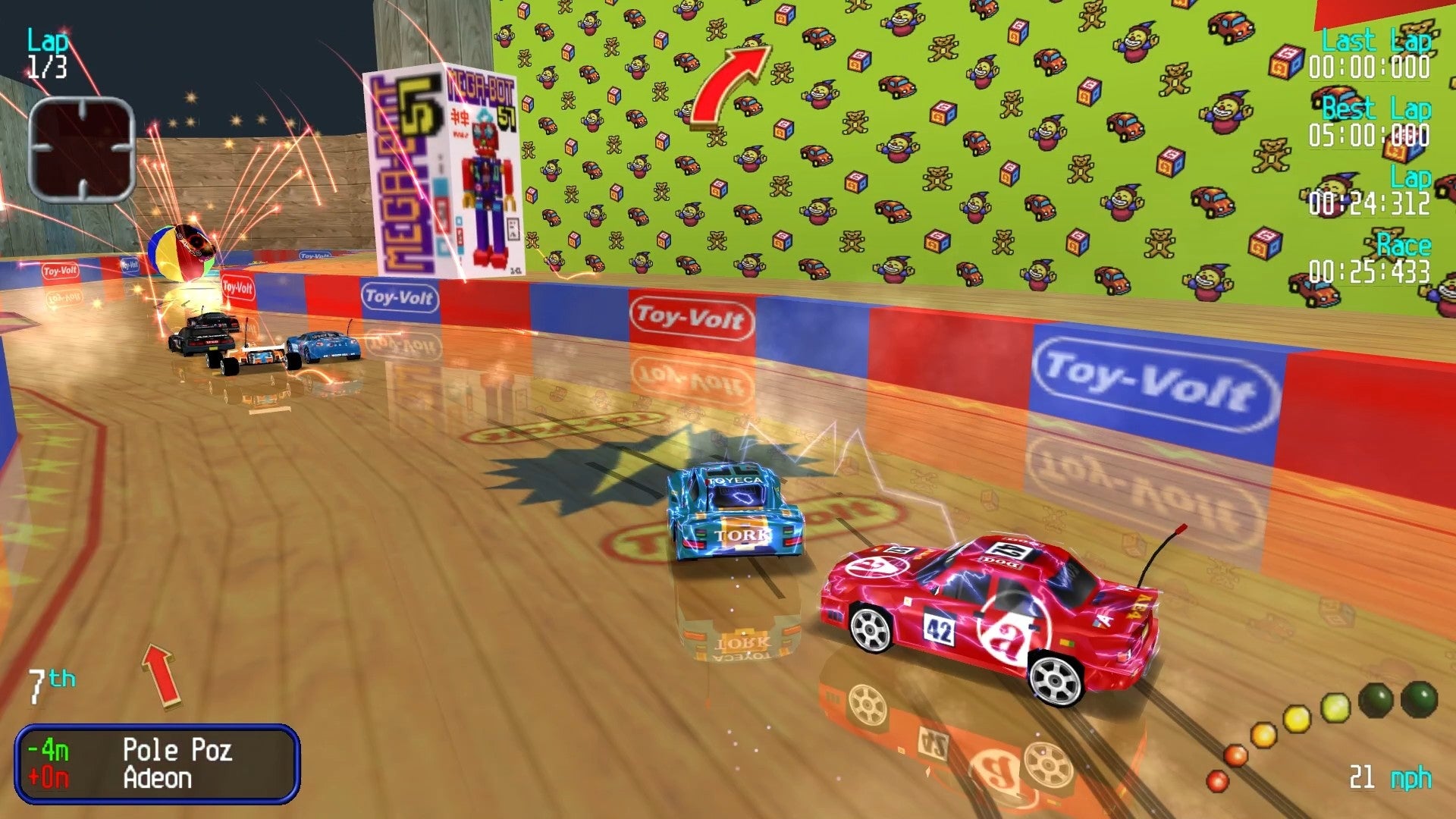 Remote control cars swerve around a toy store in Re-Volt.