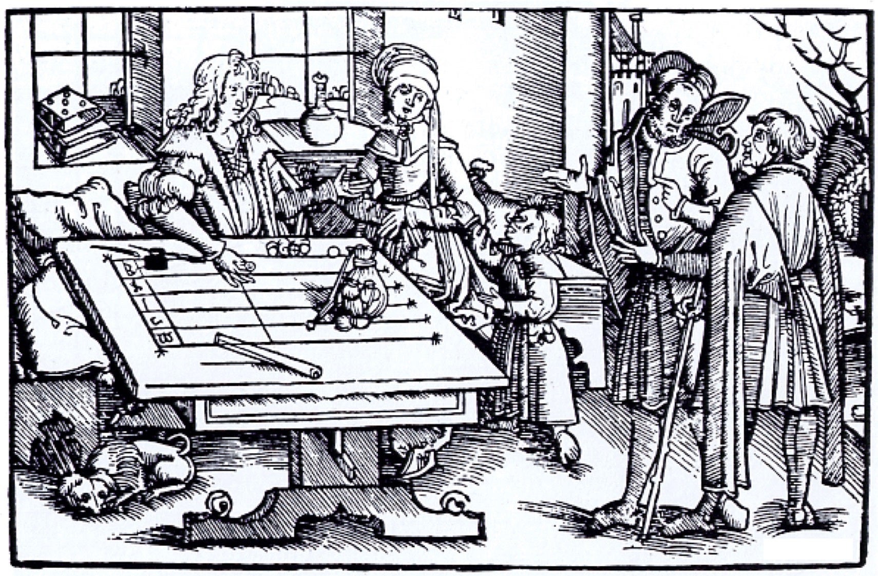A Renaissance-era engraving of a counting board, or early abacus.