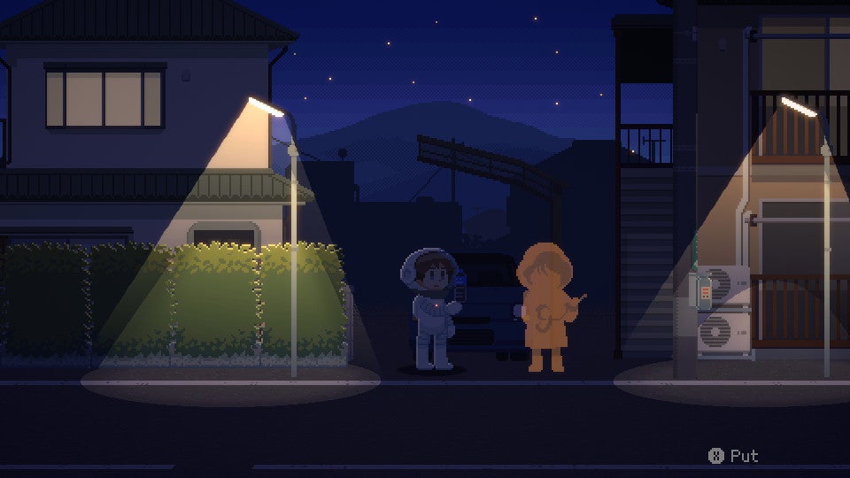 The protagonist from Recolit standing on a dark street, lit only by two streetlamps.