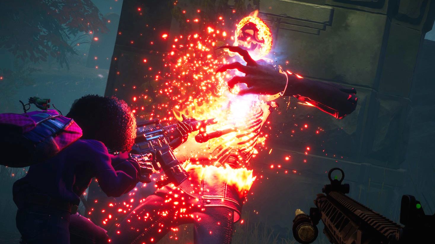 A cropped screenshot of a fight in Redfall, showing a vampire mid-crumbling to firey dust as it's staked by a player
