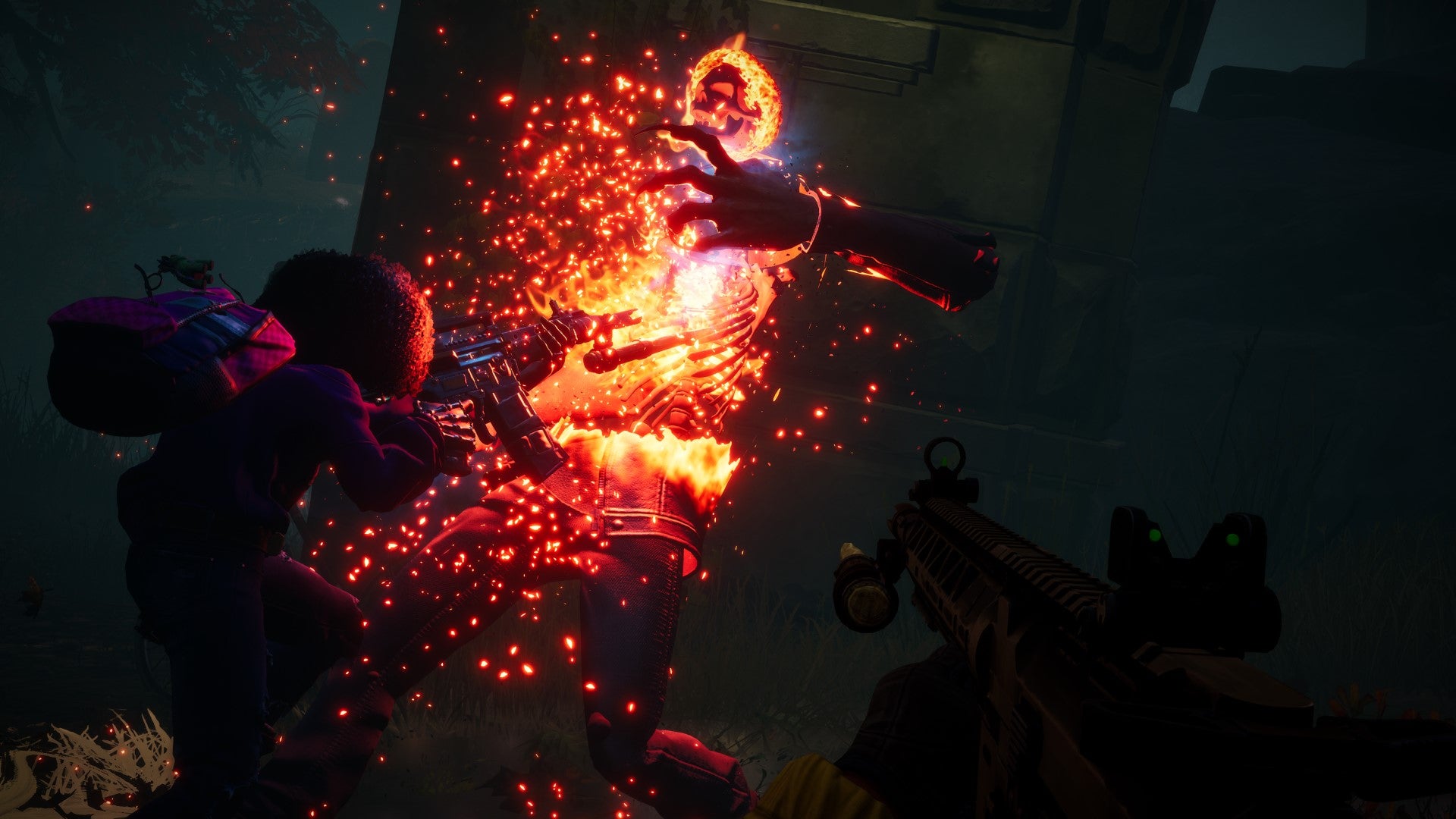 A screenshot from Redfall, showing Layla driving a stake into vampires and burning them on impact.