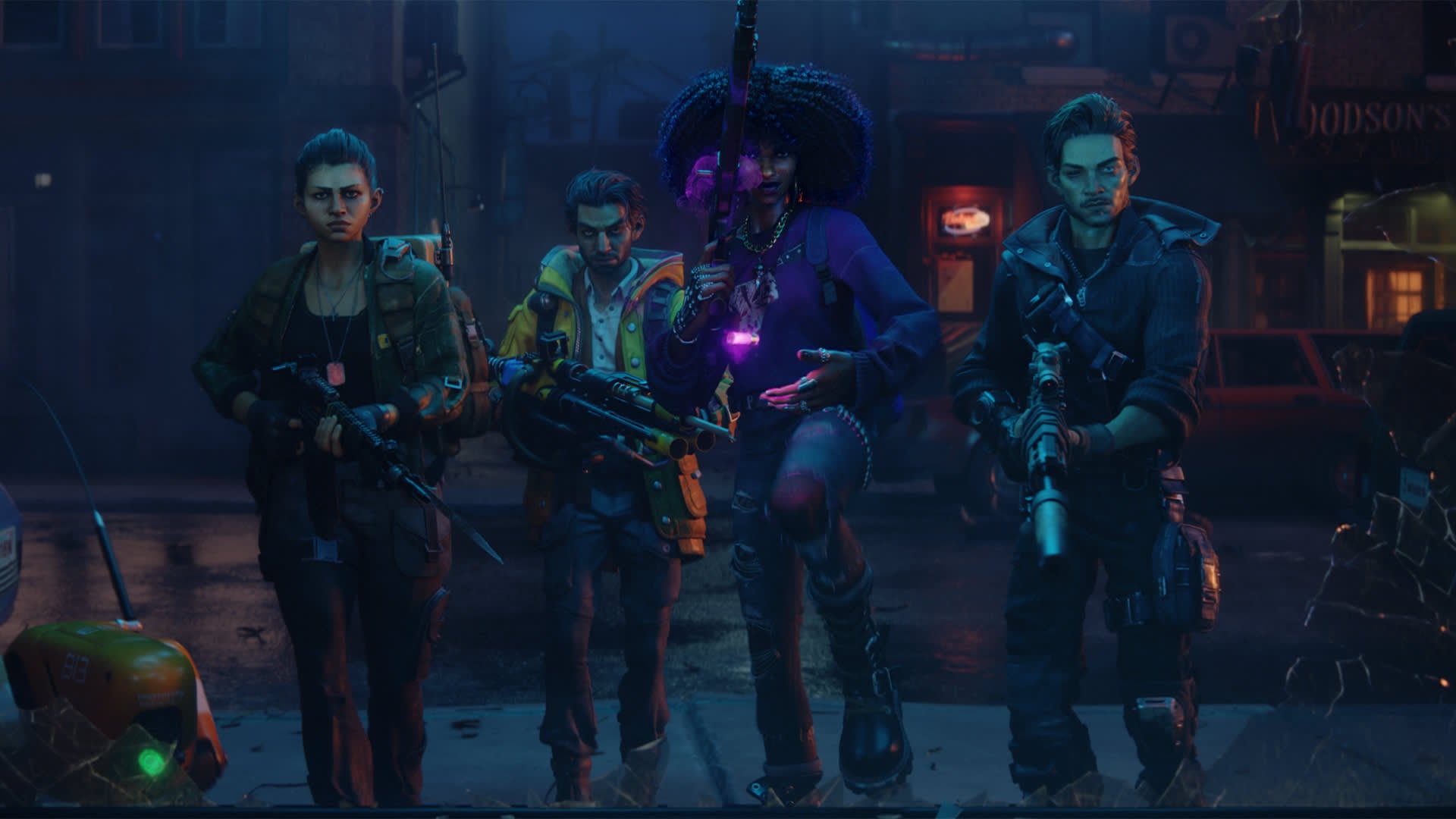 A wide shot of the team from new anti-vampire co-op game Redfall. The four of them are standing in a line in a dark street, looking well cool with their sci-fi magic guns and stuff