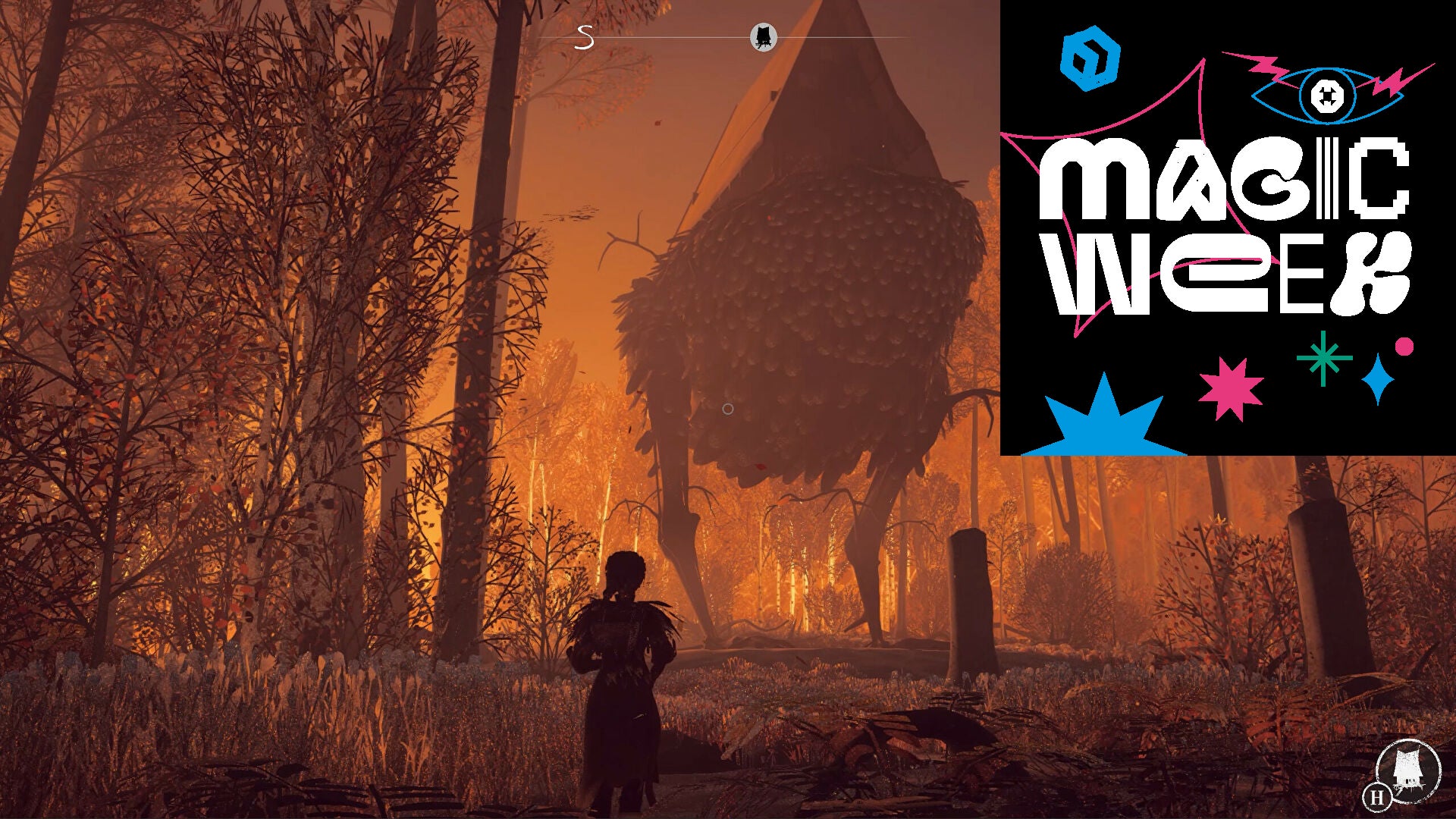A young woman looks up at a house standing on the huge legs of a giant chicken, approaching her in golden-hour light in a forest in the game Reka. The black square logo reading MAGIC WEEK is overlaid on the top right corner