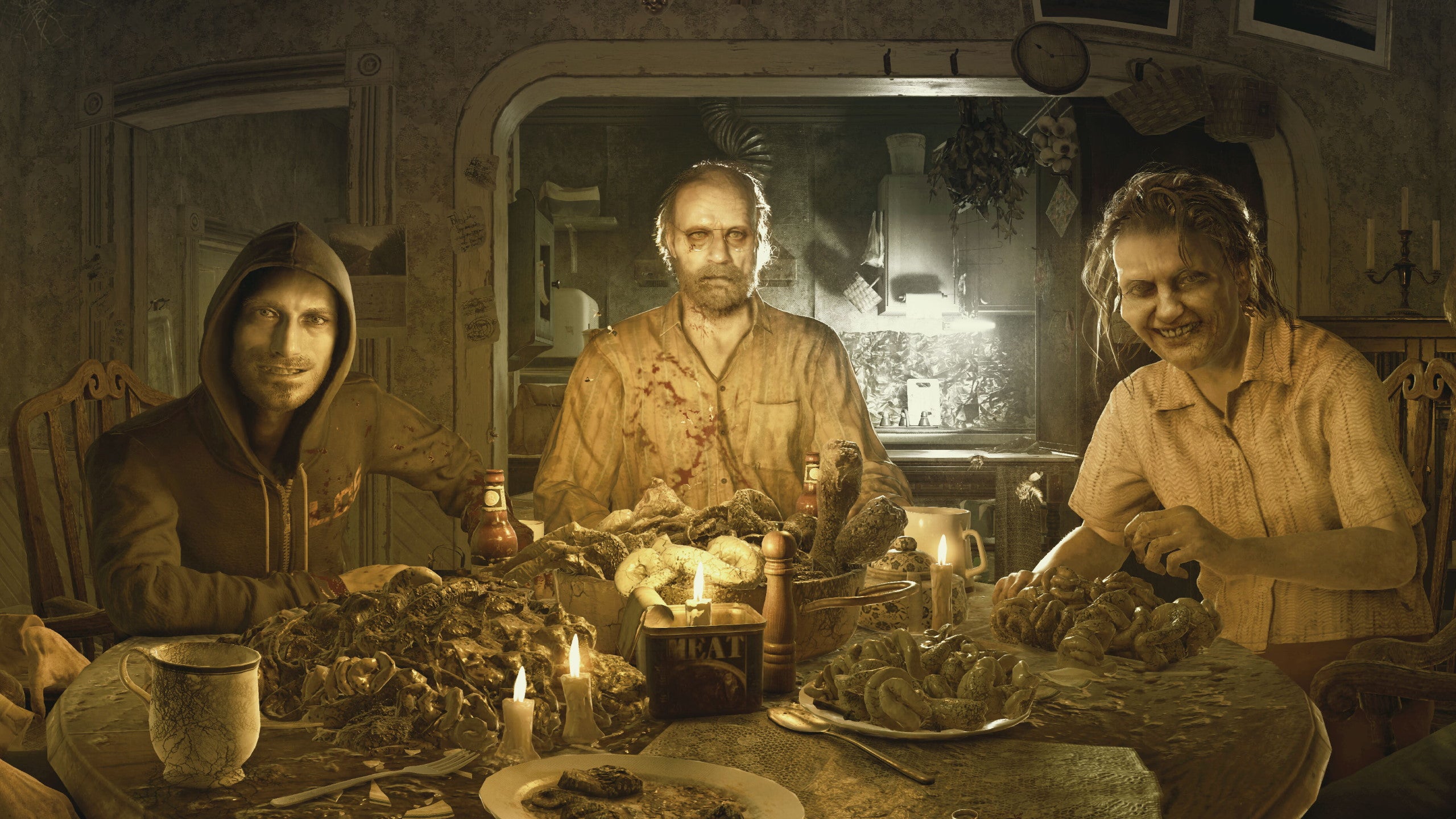 Artwork of the Baker Family from Resident Evil 7, showing a zombie family sitting round a dining room table with plates of gore and mouldy food stuffs.