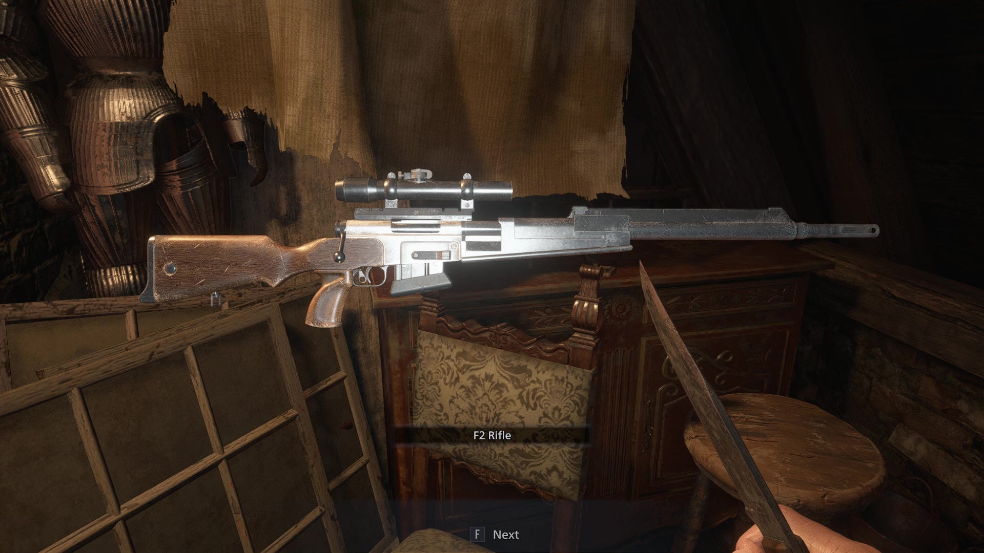 An image of the sniper rifle in Resident Evil Village.