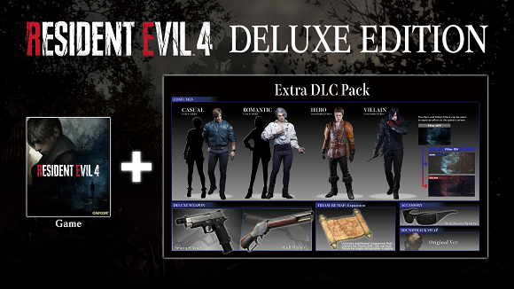 Resident Evil 4 Digital Deluxe Edition via Steam, showing the base game cover art and DLC pack extras, including a showcase of bonus weapons and outfit packs for Leon and Ashley.
